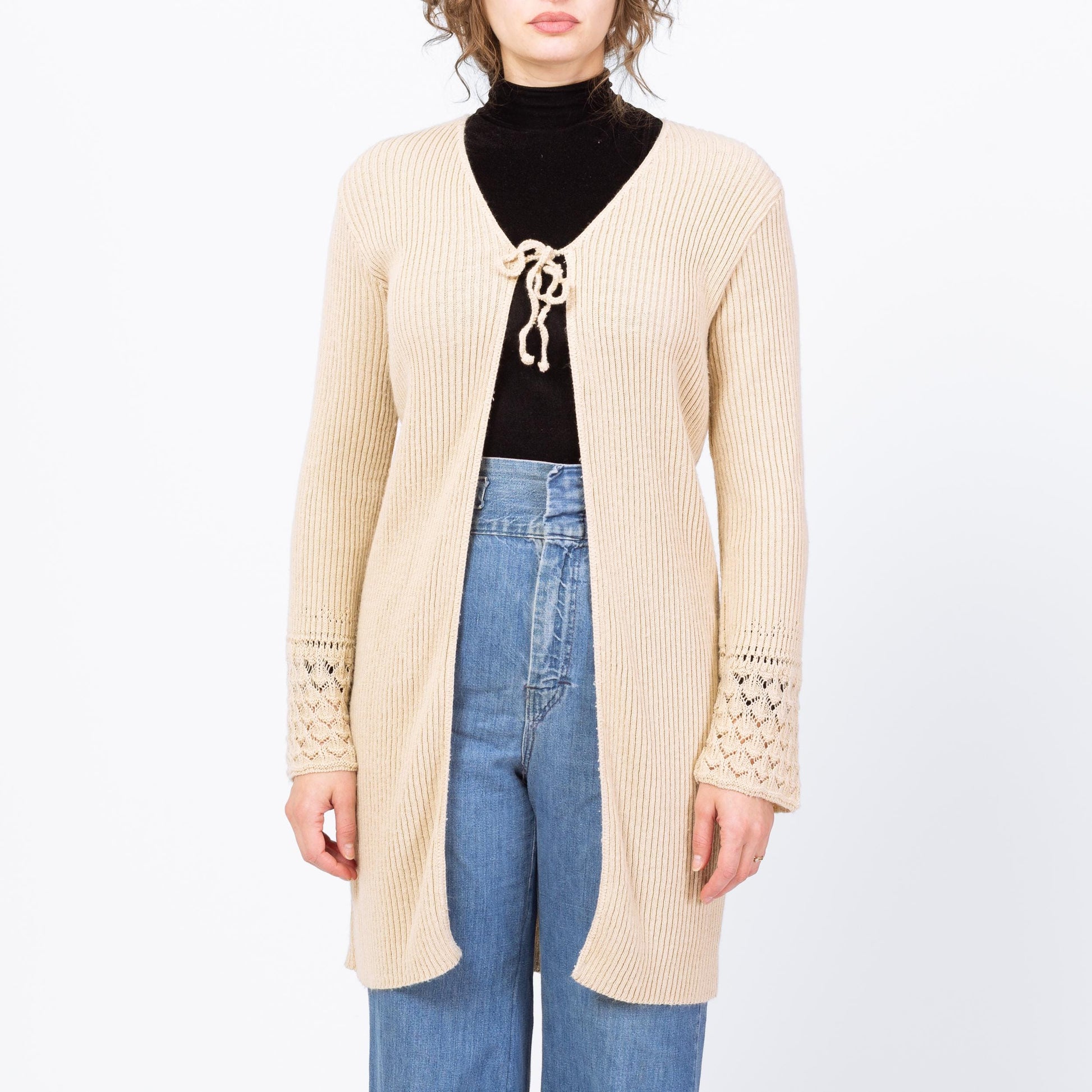 Vintage 90s Cream Eyelet Knit Long Cardigan - Medium | Boho Longline Bell Sleeve Sweater Cover Up