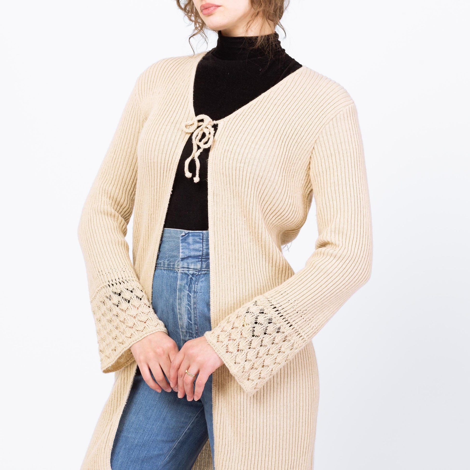 Vintage 90s Cream Eyelet Knit Long Cardigan - Medium | Boho Longline Bell Sleeve Sweater Cover Up