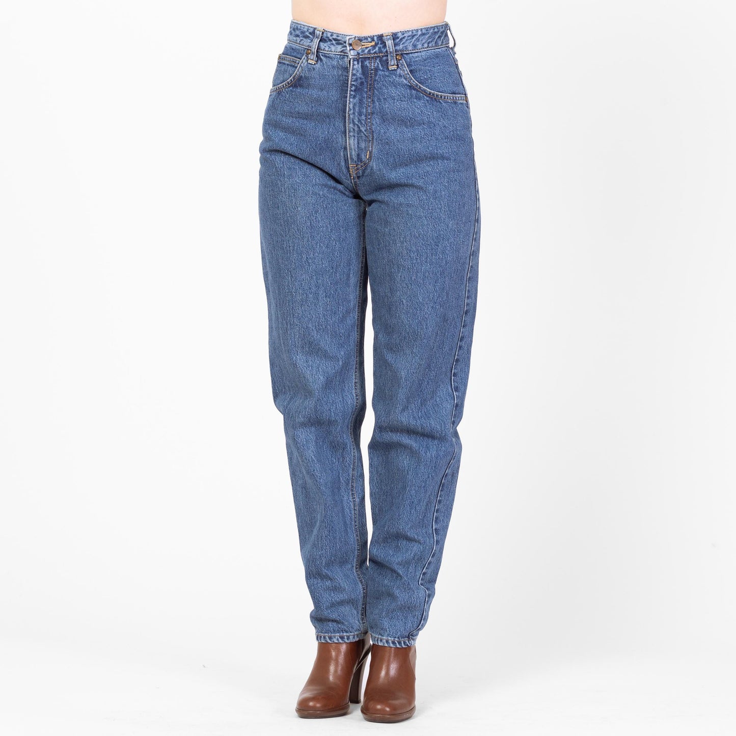 Vintage 90s Medium Wash Denim Jeans - 27x32 | High Waisted Tapered Leg Long Inseam Mom Jeans