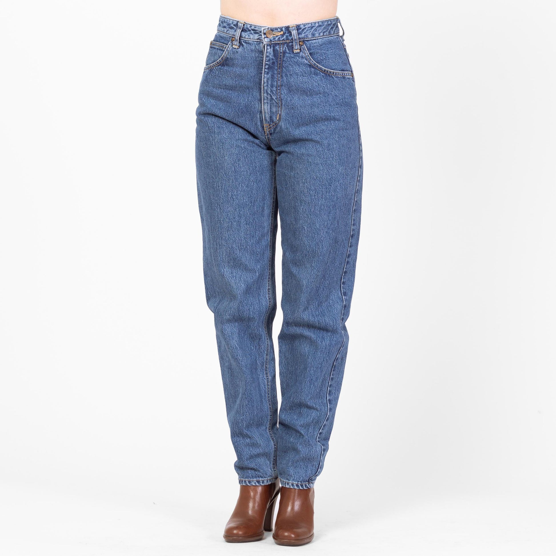 Vintage 90s Medium Wash Denim Jeans - 27x32 | High Waisted Tapered Leg Long Inseam Mom Jeans