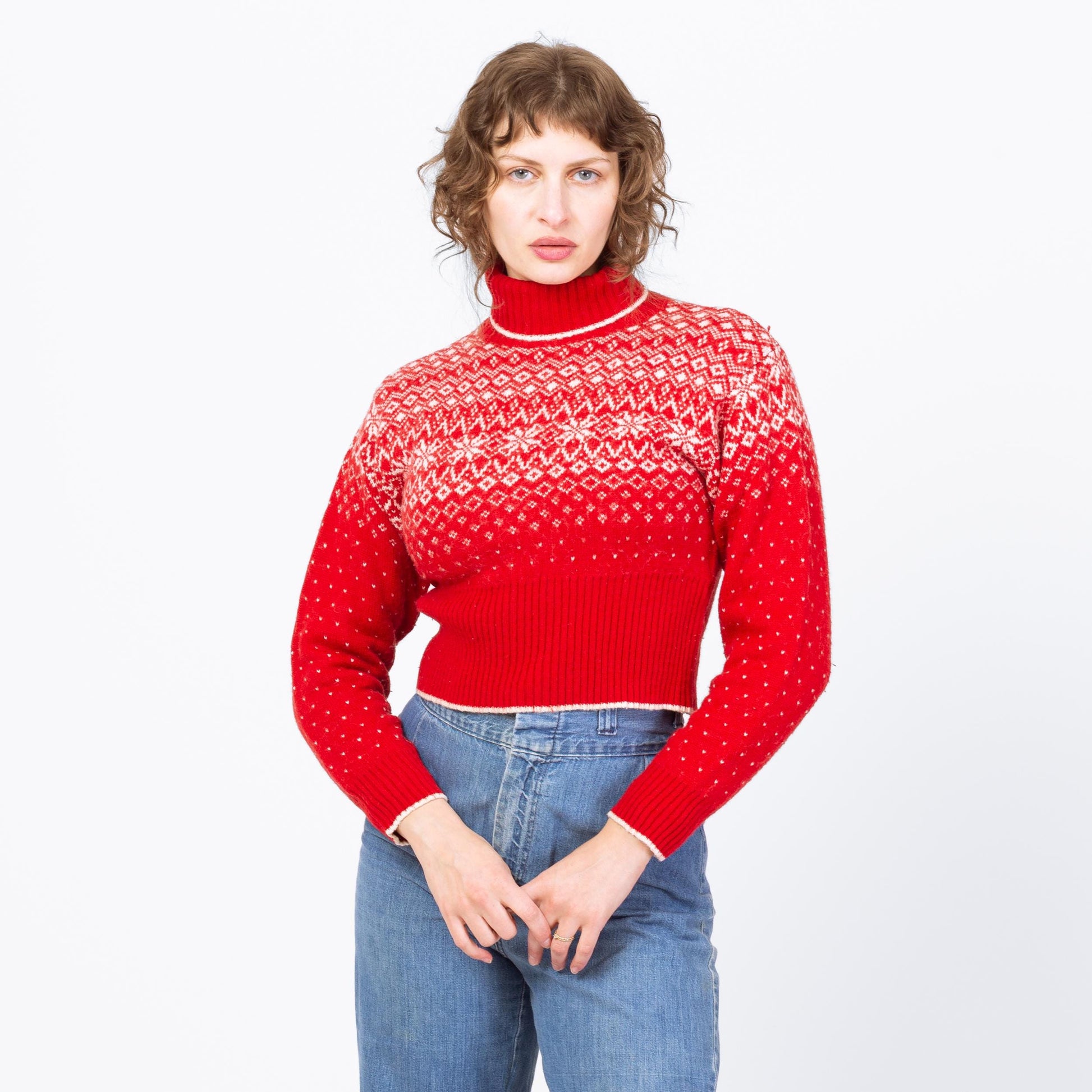 Vintage 90s Red Fair Isle Cropped Sweater - Medium | Retro Knit Nordic Turtleneck Pullover