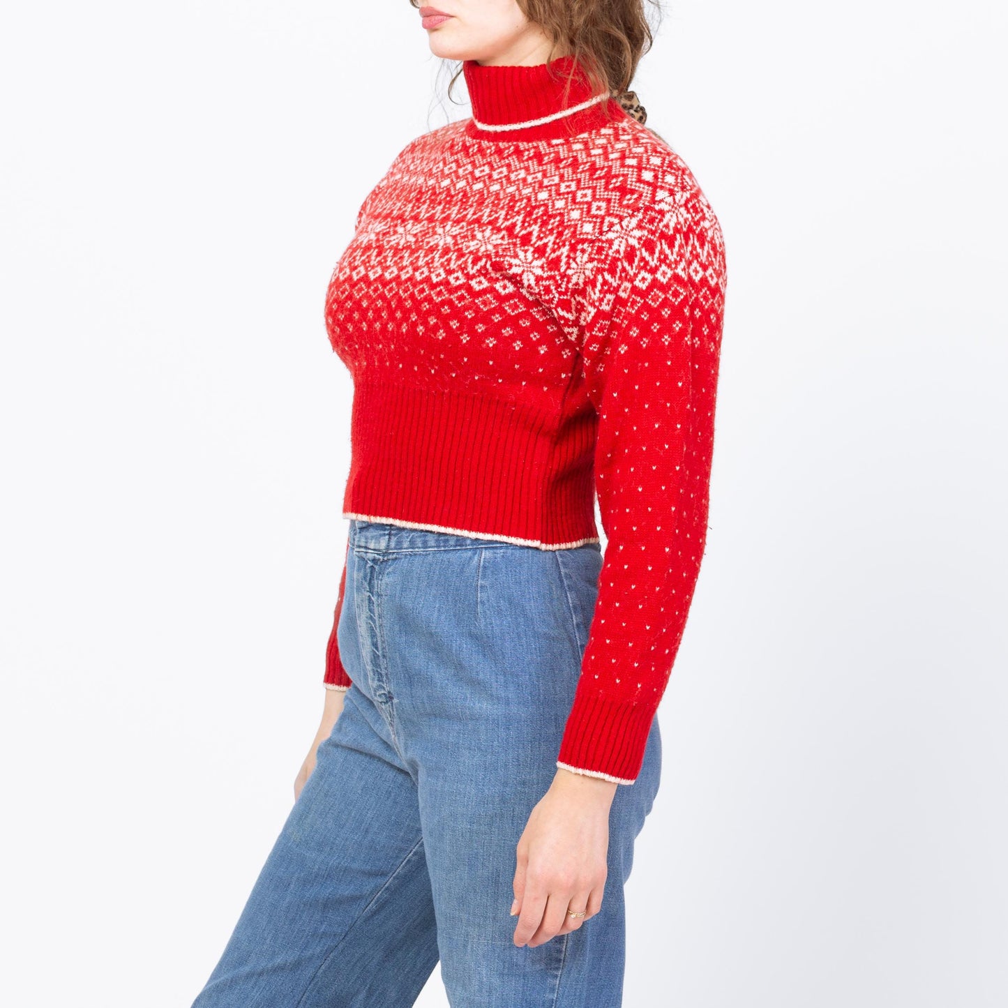 Vintage 90s Red Fair Isle Cropped Sweater - Medium | Retro Knit Nordic Turtleneck Pullover