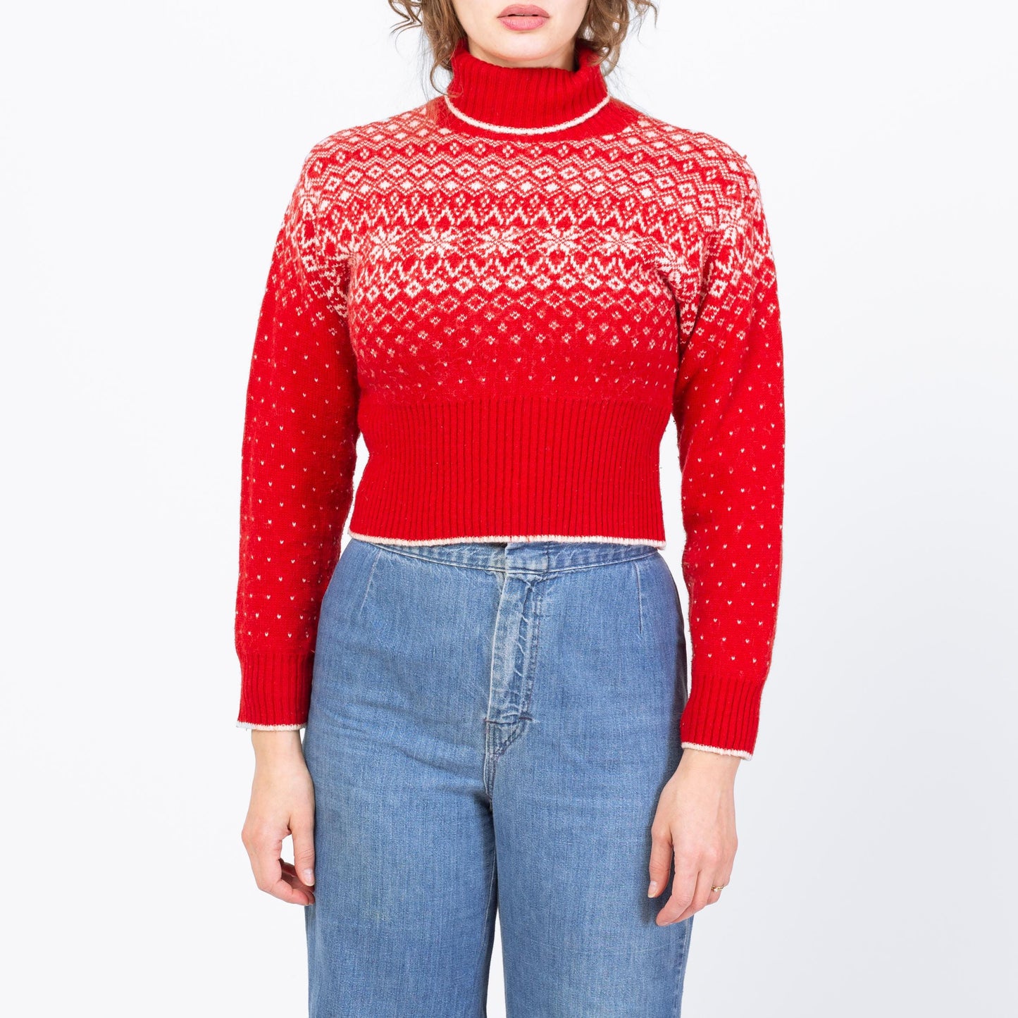 Vintage 90s Red Fair Isle Cropped Sweater - Medium | Retro Knit Nordic Turtleneck Pullover