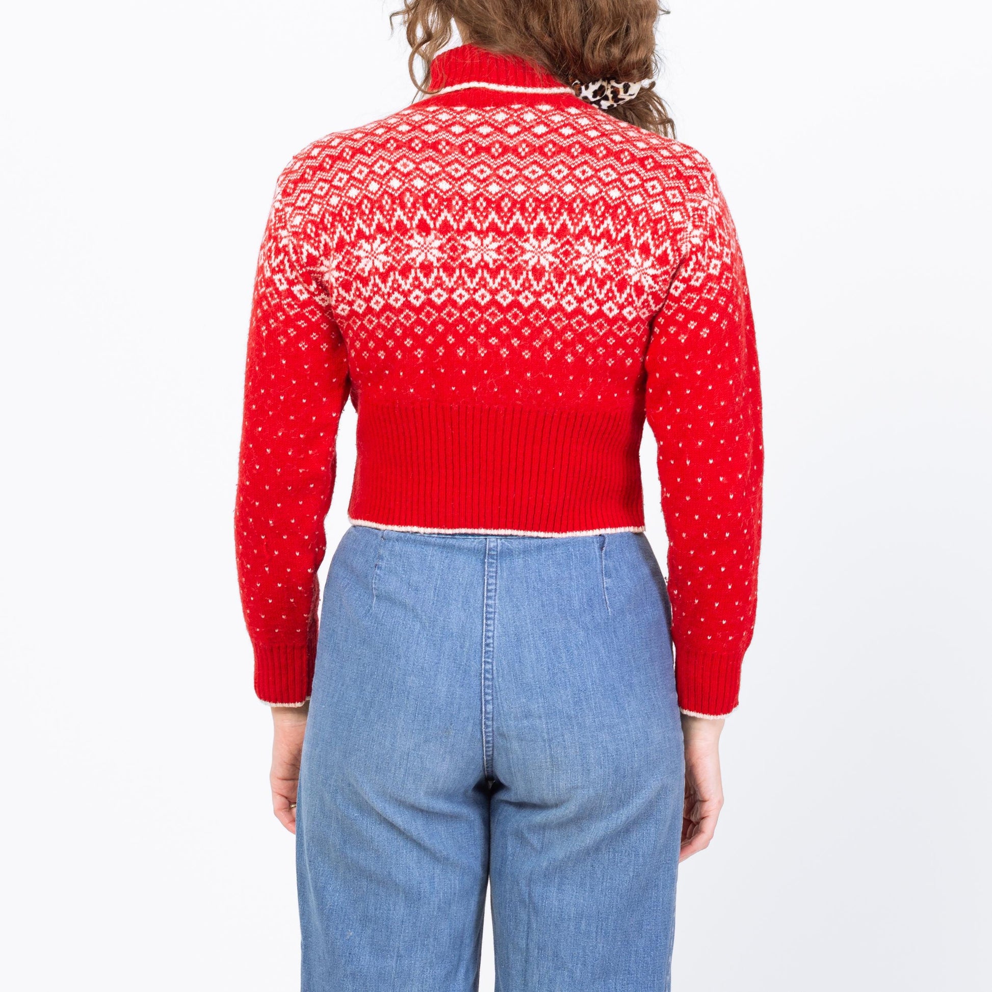 Vintage 90s Red Fair Isle Cropped Sweater - Medium | Retro Knit Nordic Turtleneck Pullover