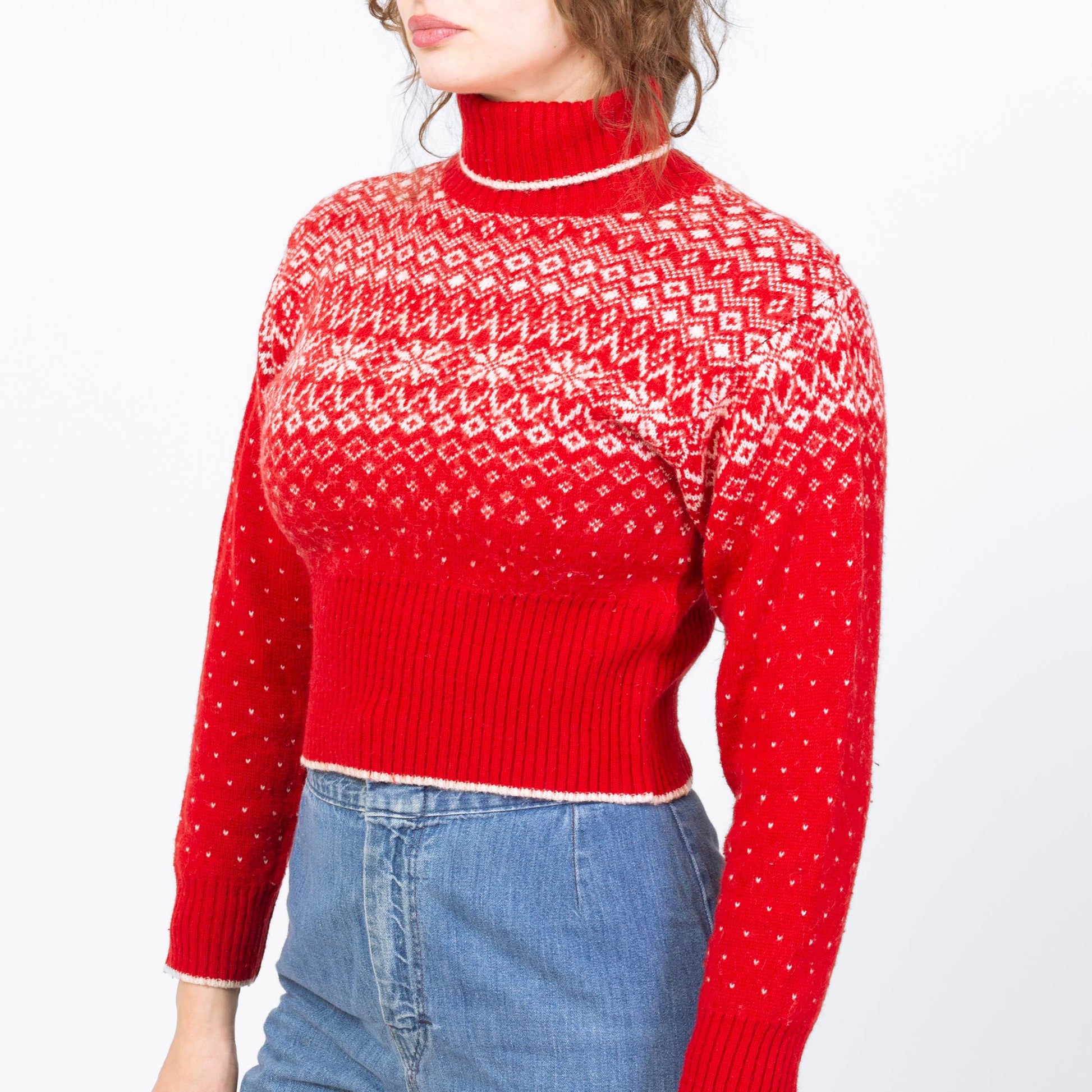 Vintage 90s Red Fair Isle Cropped Sweater - Medium | Retro Knit Nordic Turtleneck Pullover