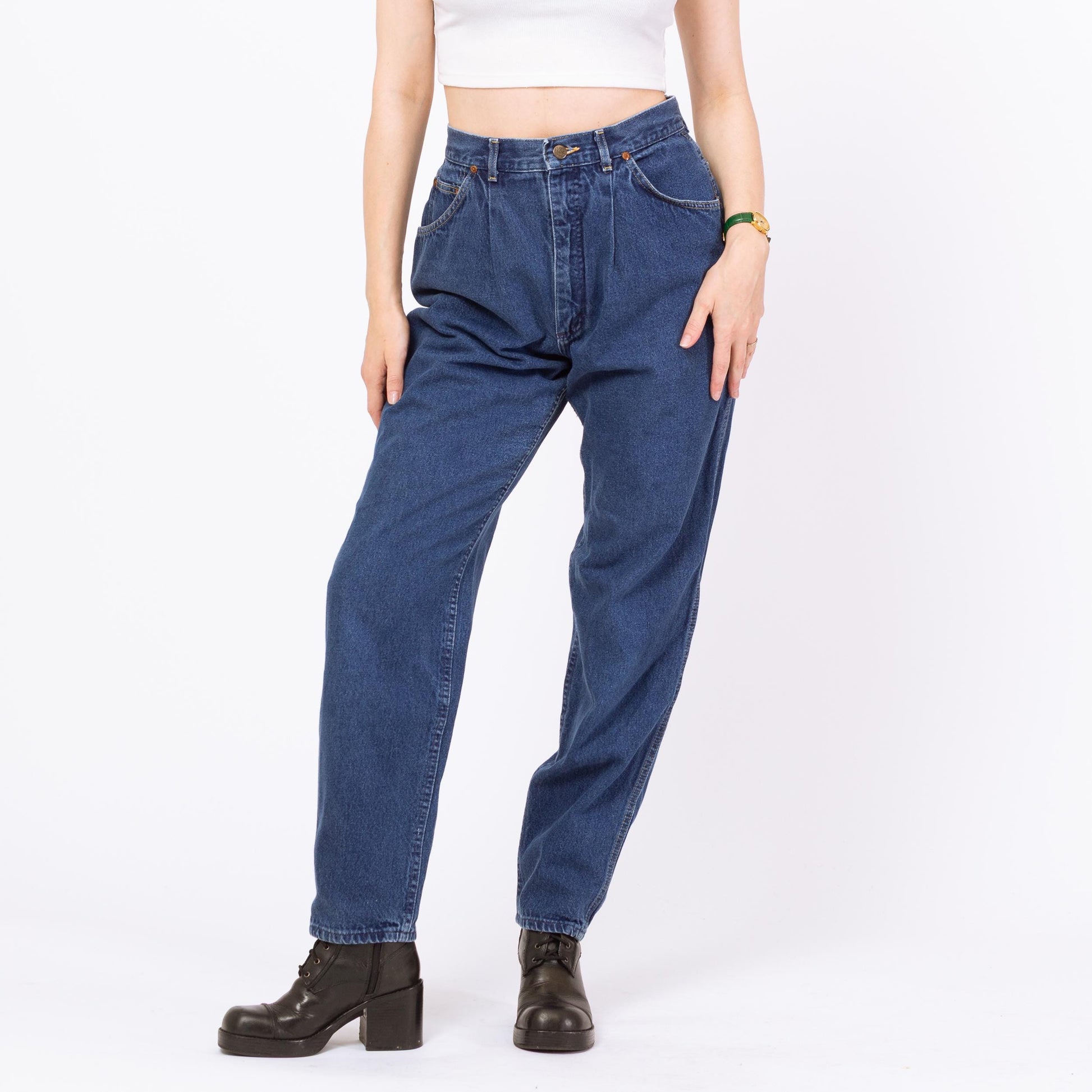 Vintage 80s Lee Riders Dark Wash High Waisted Pleated Jeans - Medium, 29" Waist | Relaxed Fit Denim Baggy Mom Jeans