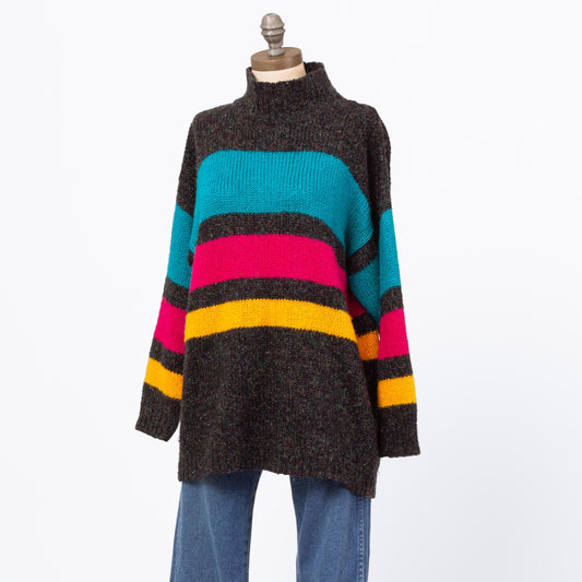Vintage 80s Colorful Striped Longline Sweater - Medium | Lurex Knit Mockneck Oversize Slouchy Pullover