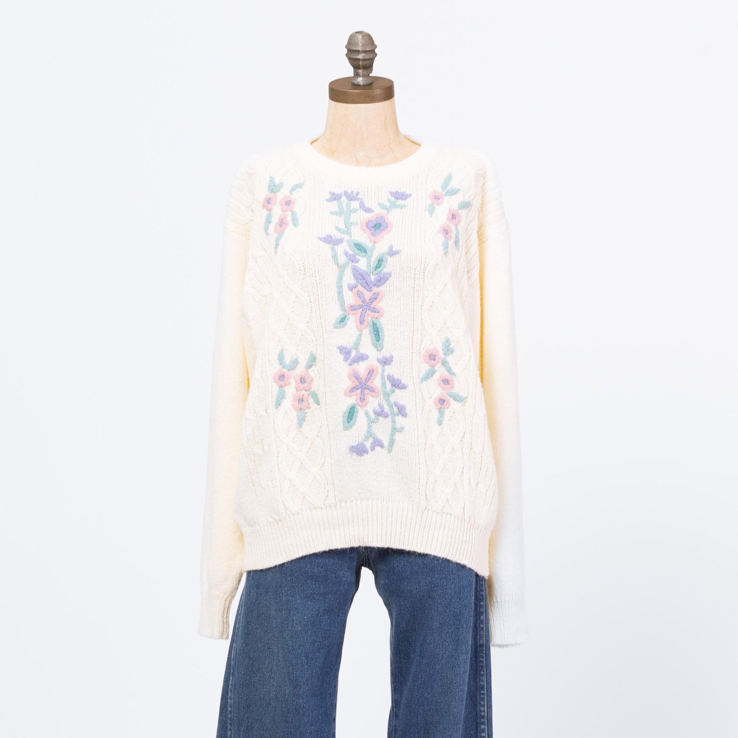 Vintage 80s Pastel Floral Cable Knit Sweater - Large | Soft Cream Boho Embroidered Grandma Pullover