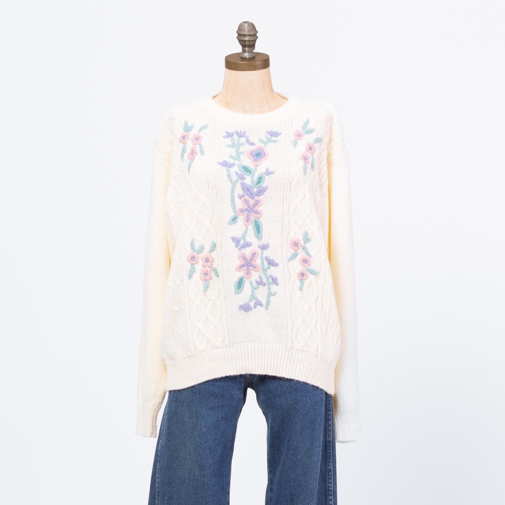 Vintage 80s Pastel Floral Cable Knit Sweater - Large | Soft Cream Boho Embroidered Grandma Pullover