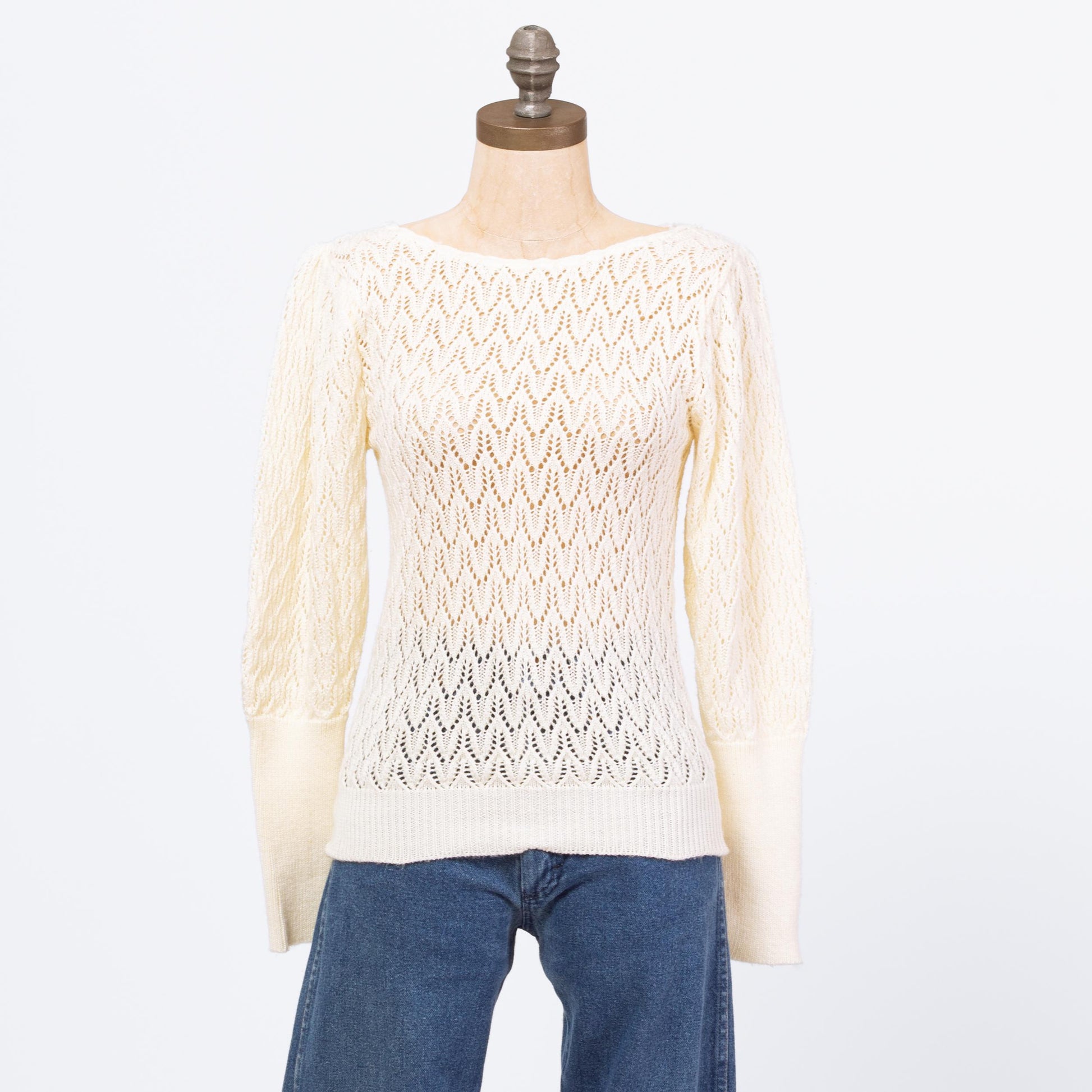 Vintage 70s Cream Eyelet Knit Puff Sleeve Sweater - Small | Boho Sheer Open Weave Cottagecore Pullover