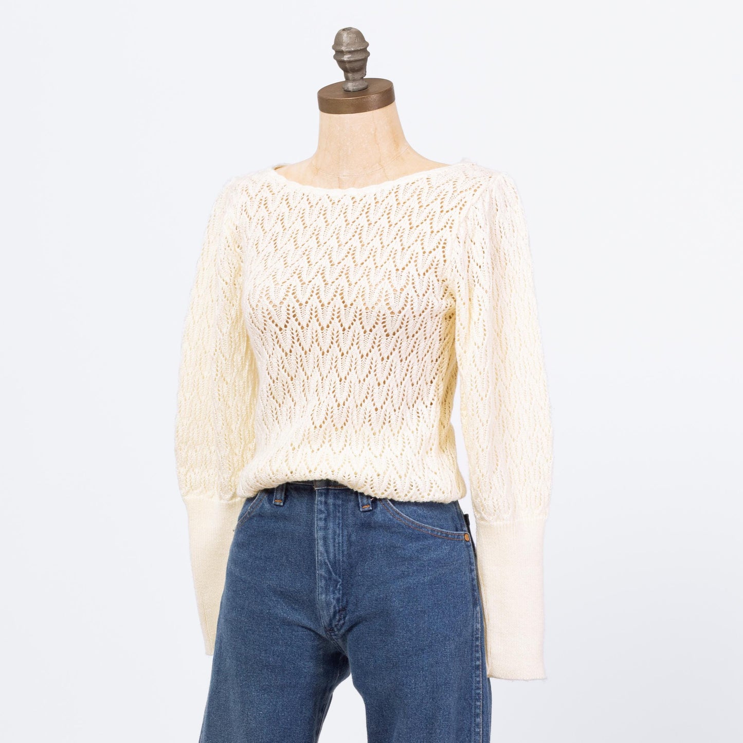 Vintage 70s Cream Eyelet Knit Puff Sleeve Sweater - Small | Boho Sheer Open Weave Cottagecore Pullover