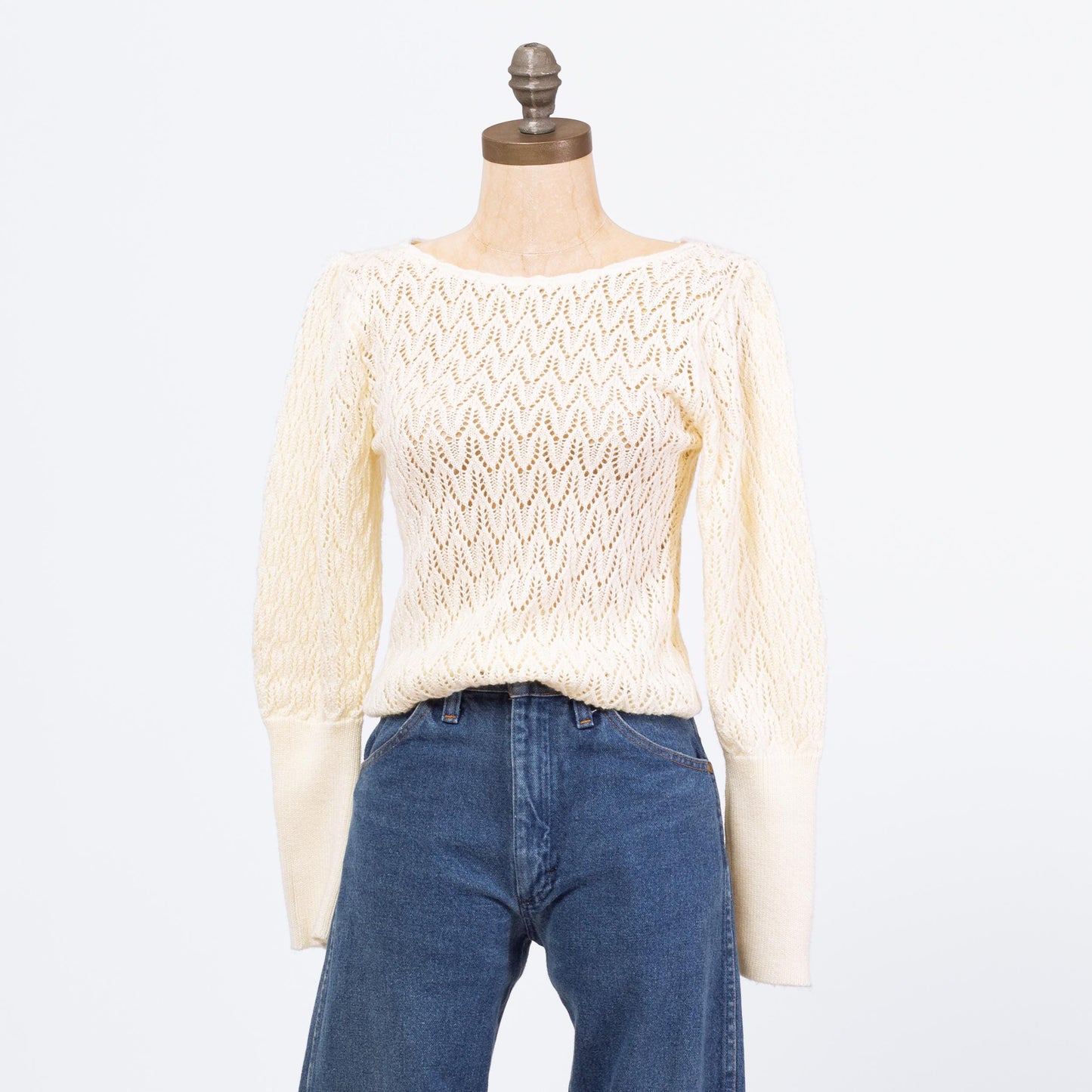 Vintage 70s Cream Eyelet Knit Puff Sleeve Sweater - Small | Boho Sheer Open Weave Cottagecore Pullover