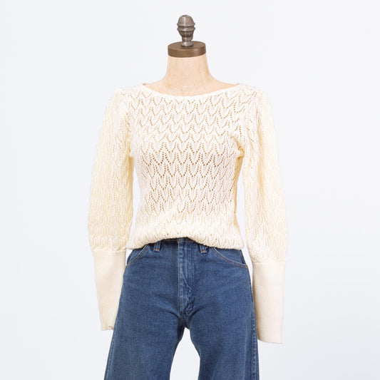 Vintage 70s Cream Eyelet Knit Puff Sleeve Sweater - Small | Boho Sheer Open Weave Cottagecore Pullover