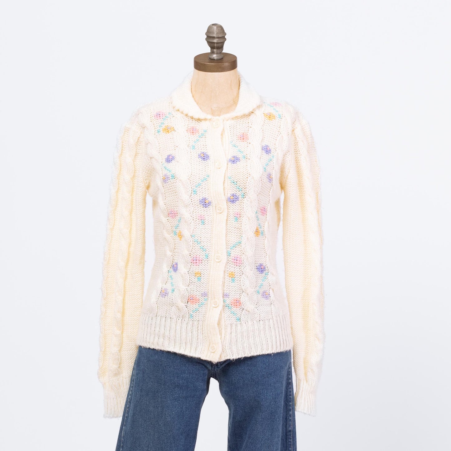 Vintage 80s Collared Pastel Floral Cardigan - Medium | Cream Cable Knit Boho Cottagecore Grandma Sweater