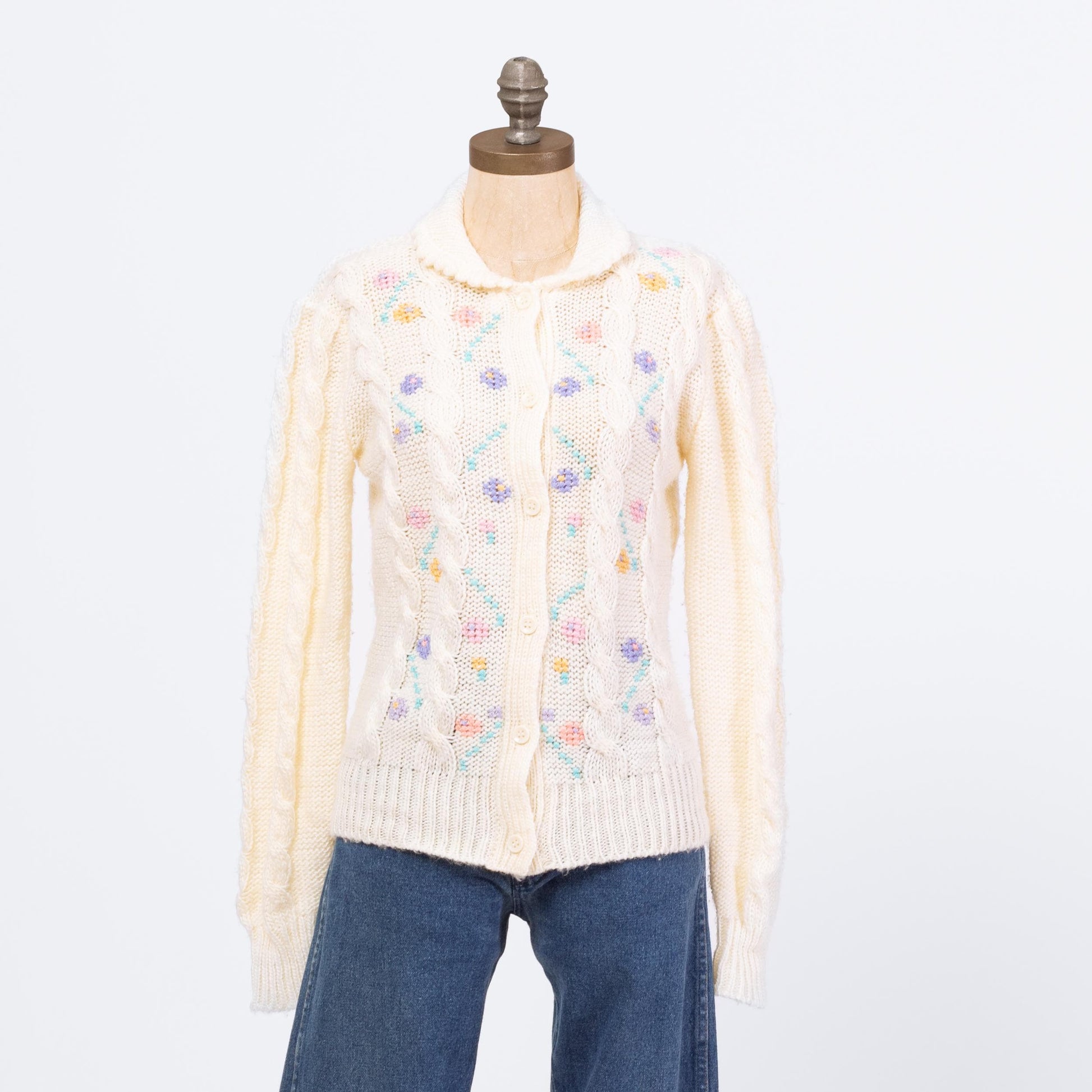 Vintage 80s Collared Pastel Floral Cardigan - Medium | Cream Cable Knit Boho Cottagecore Grandma Sweater