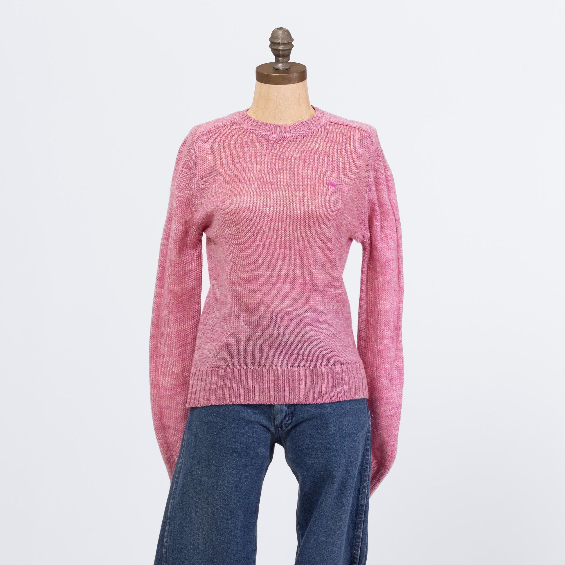 Vintage 80s Rose Pink Embroidered Bird Sweater - Small | Open Weave Marled Knit Pullover