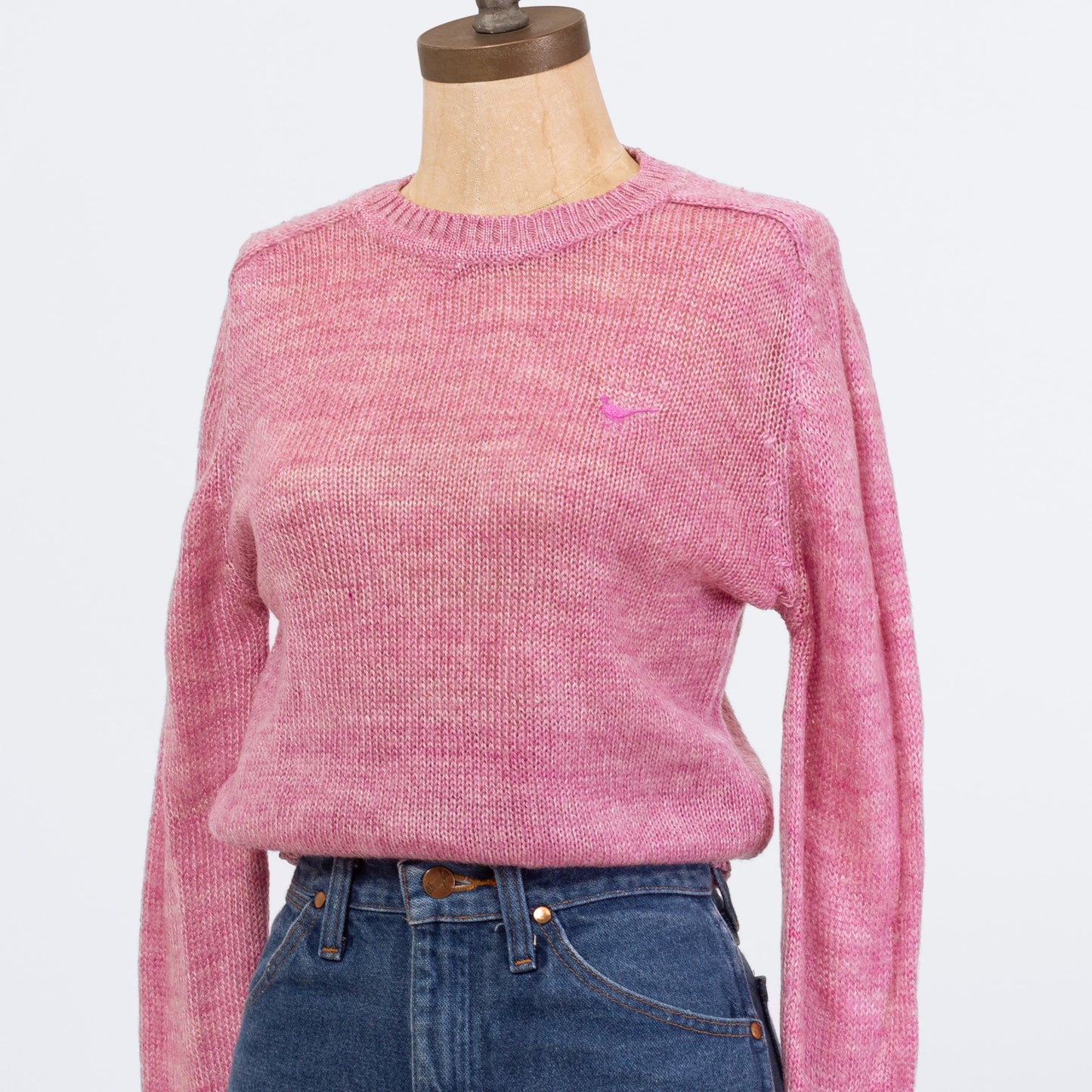 Vintage 80s Rose Pink Embroidered Bird Sweater - Small | Open Weave Marled Knit Pullover