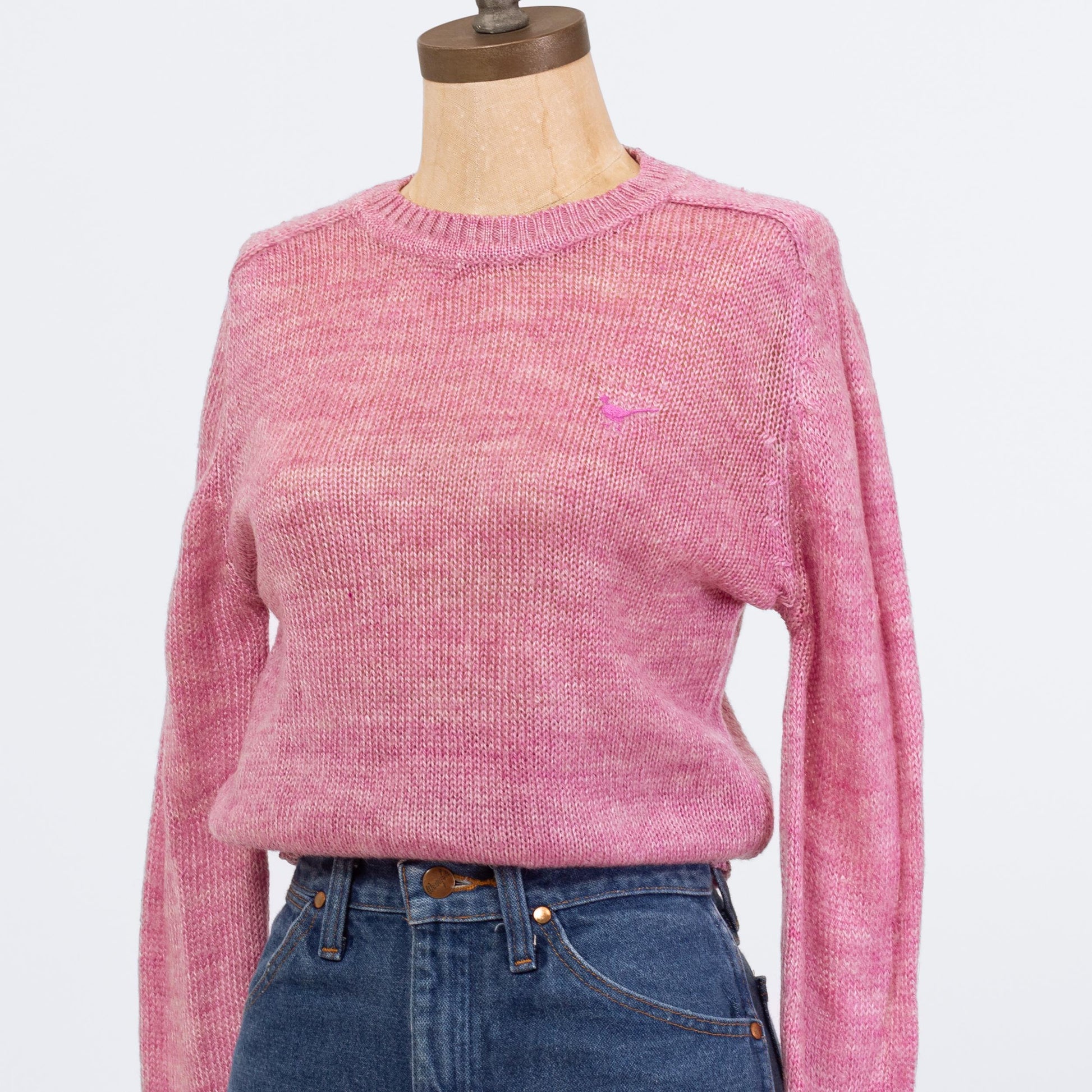 Vintage 80s Rose Pink Embroidered Bird Sweater - Small | Open Weave Marled Knit Pullover