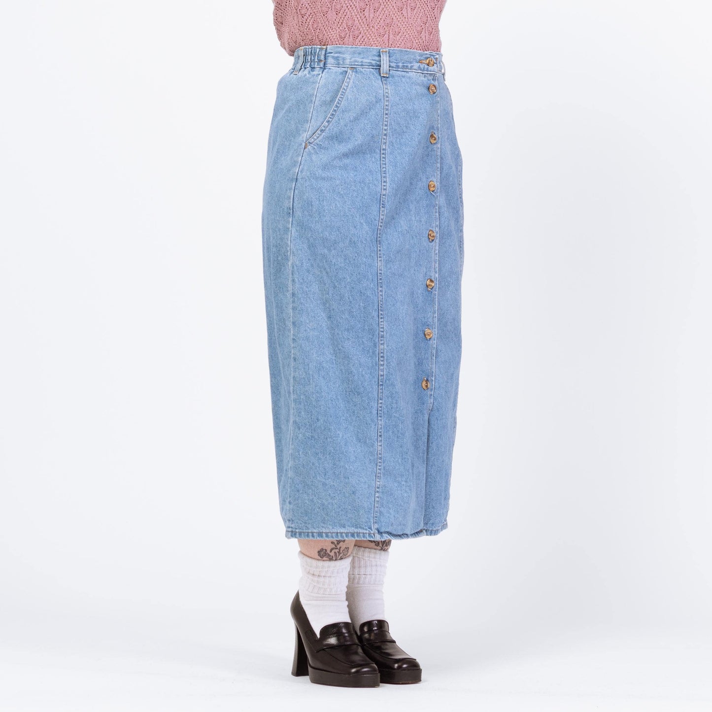 Vintage 90s Light Wash Denim Midi Skirt - Large, 30"-33" Waist | High Waisted A Line Button Front Long Skirt
