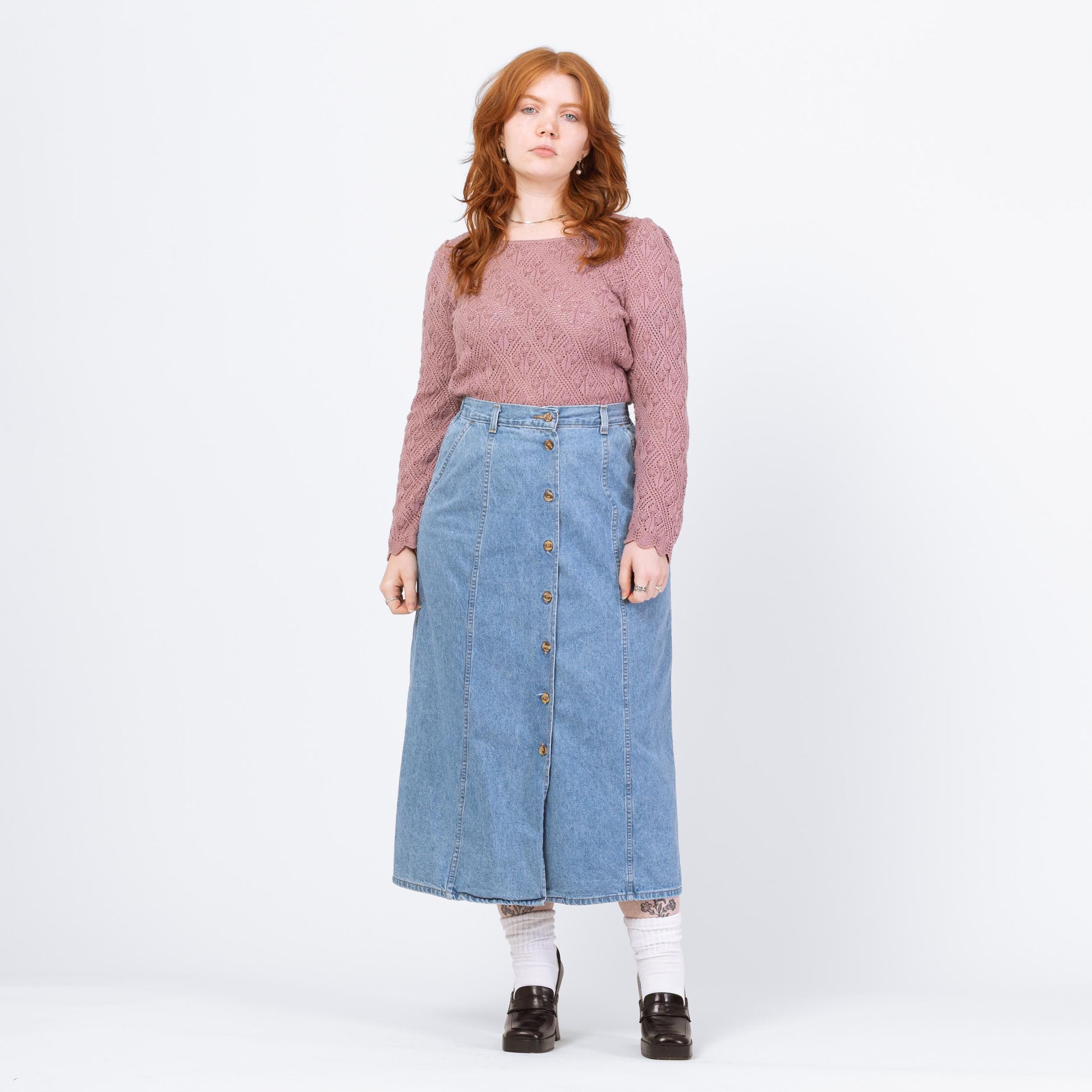 Vintage 90s Light Wash Denim Midi Skirt - Large, 30"-33" Waist | High Waisted A Line Button Front Long Skirt
