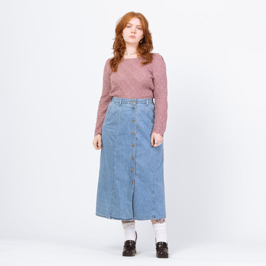 Vintage 90s Light Wash Denim Midi Skirt - Large, 30"-33" Waist | High Waisted A Line Button Front Long Skirt