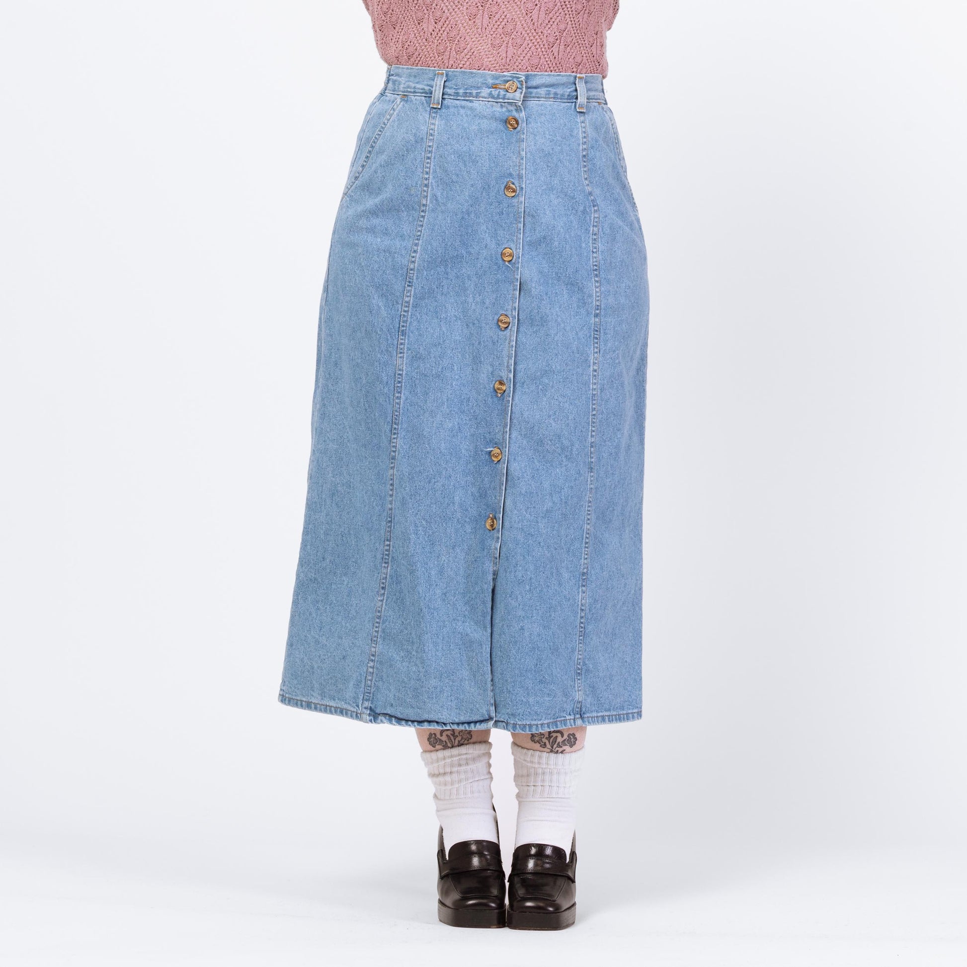 Vintage 90s Light Wash Denim Midi Skirt - Large, 30"-33" Waist | High Waisted A Line Button Front Long Skirt