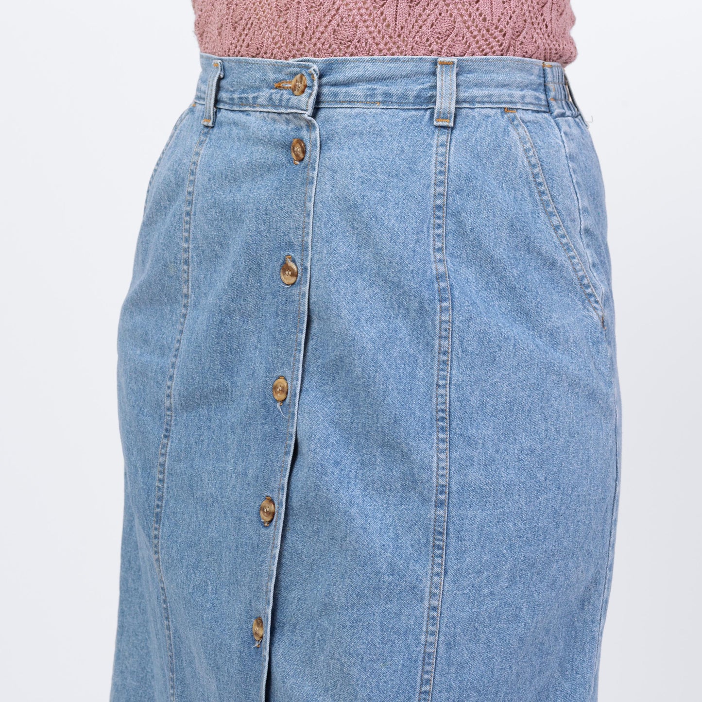 Vintage 90s Light Wash Denim Midi Skirt - Large, 30"-33" Waist | High Waisted A Line Button Front Long Skirt