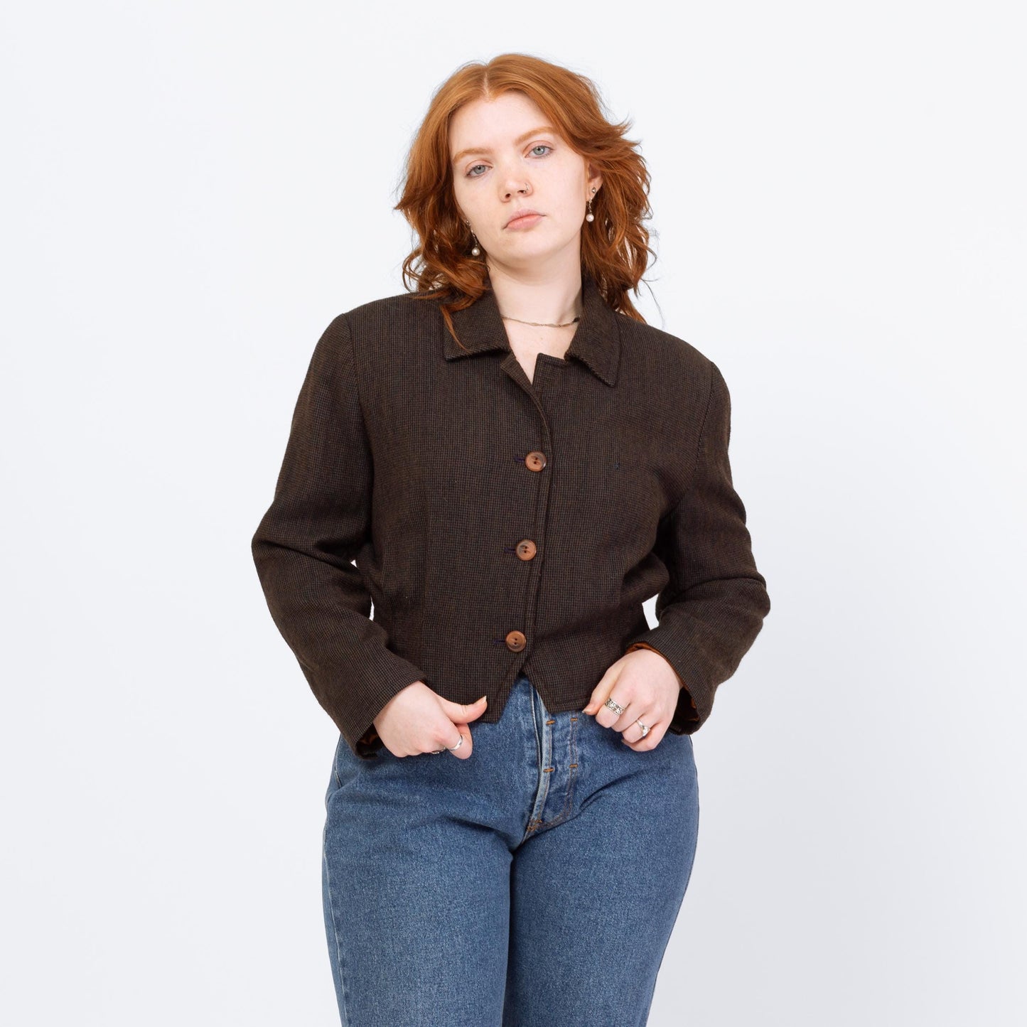 Vintage 80s Wool Tweed Cropped Blazer - Large | Brown Black Woven Button Up Short Jacket