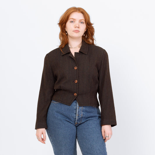 Vintage 80s Wool Tweed Cropped Blazer - Large | Brown Black Woven Button Up Short Jacket