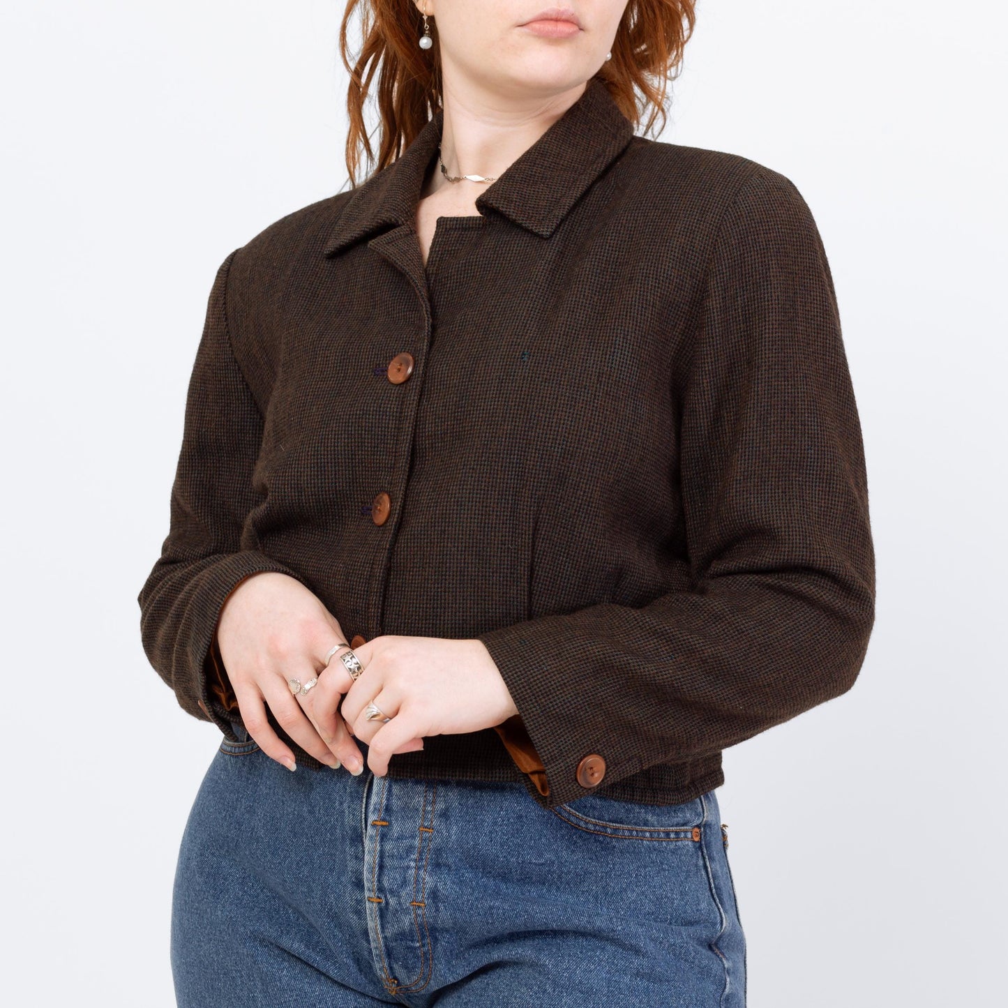 Vintage 80s Wool Tweed Cropped Blazer - Large | Brown Black Woven Button Up Short Jacket