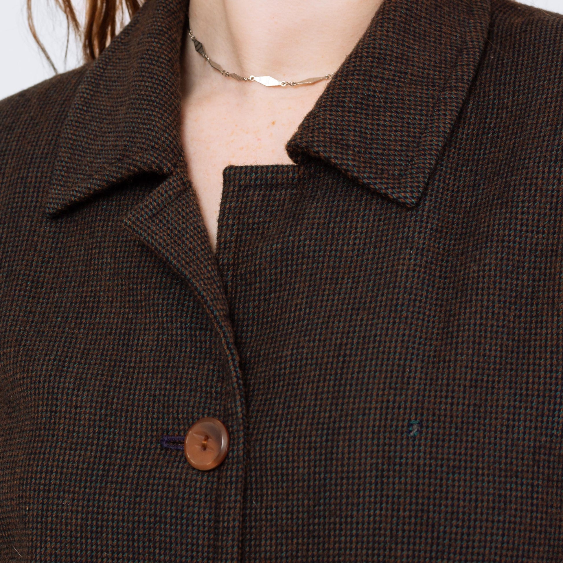 Vintage 80s Wool Tweed Cropped Blazer - Large | Brown Black Woven Button Up Short Jacket