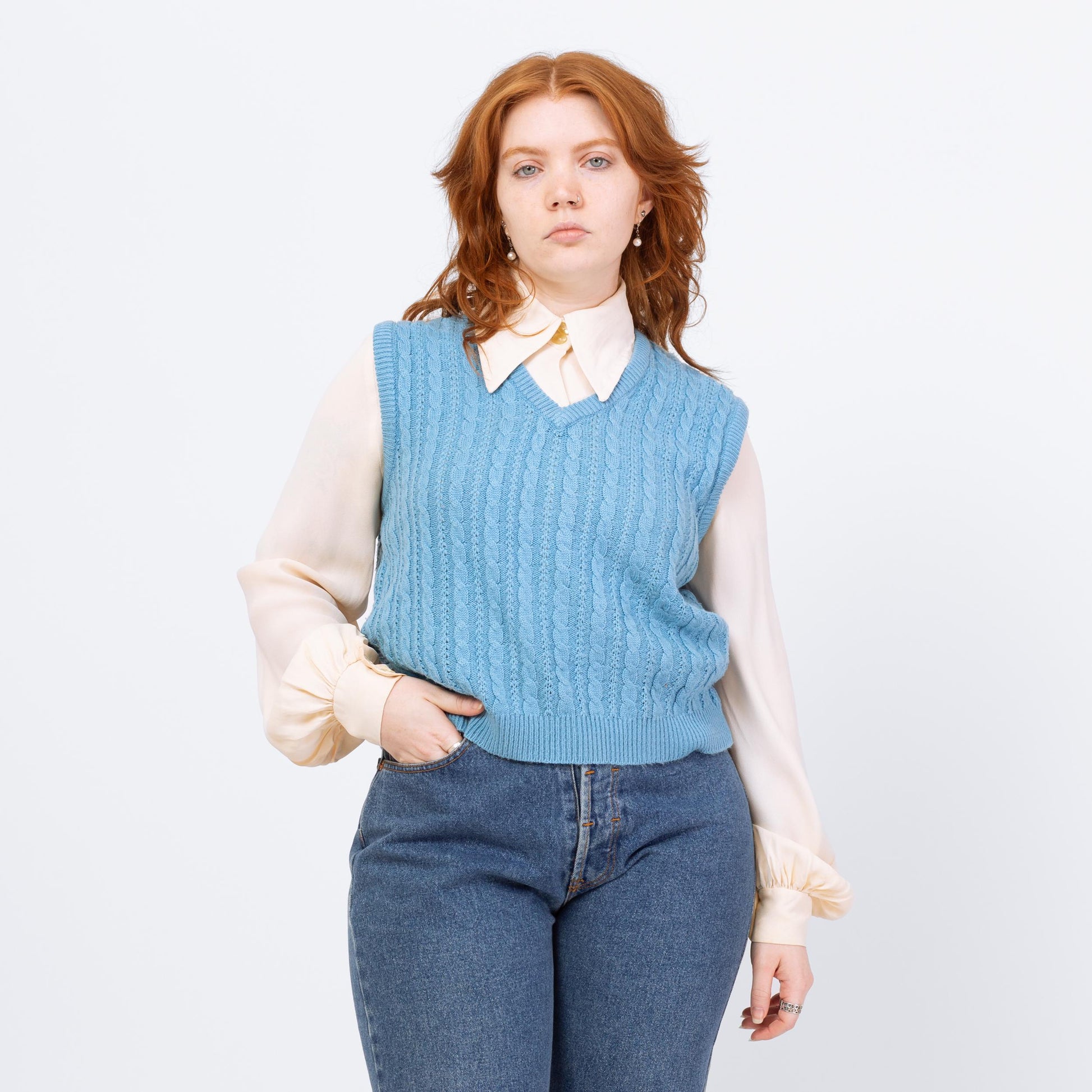Vintage 80s Baby Blue Cable Knit Sweater Vest - Large | Preppy Sleeveless V Neck Top