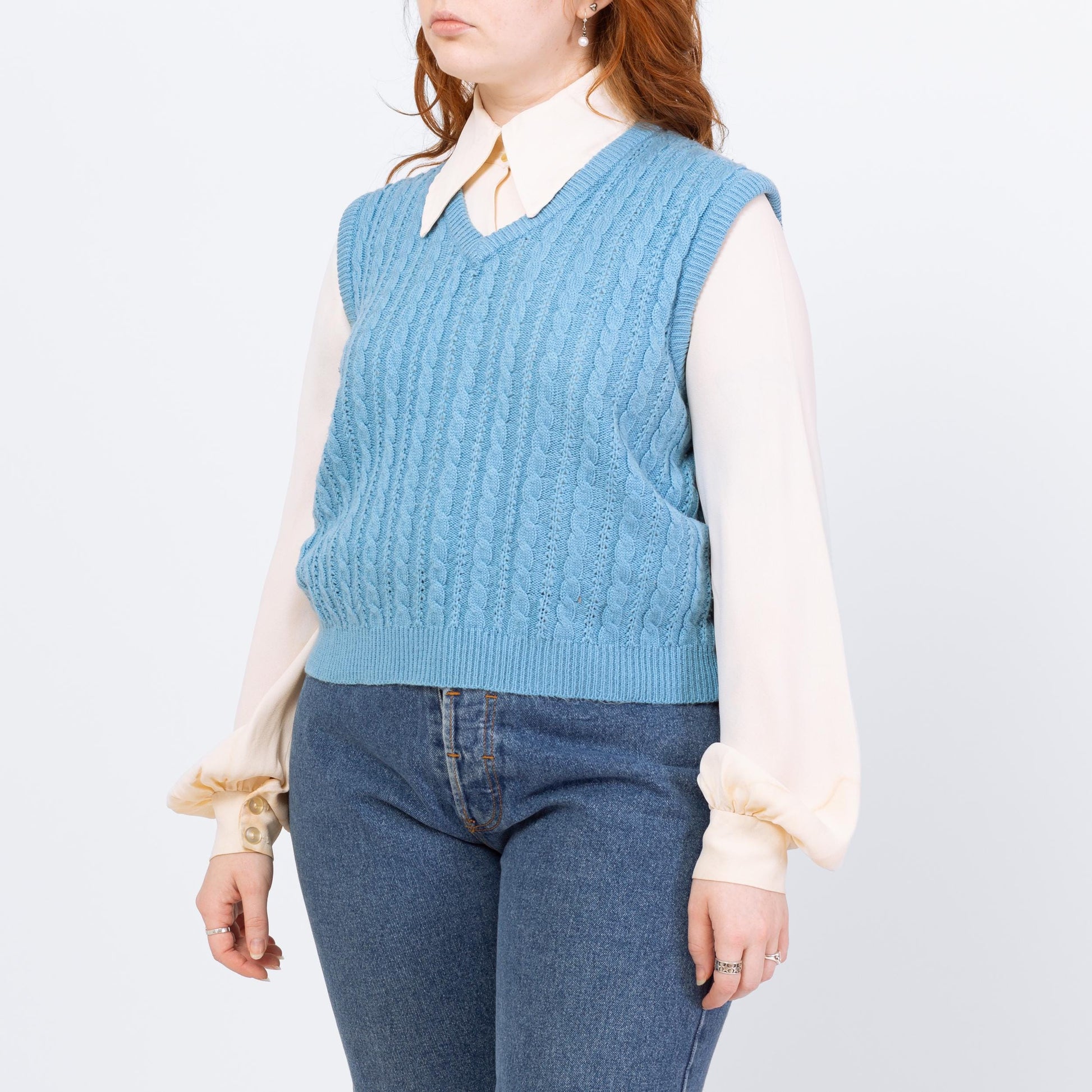 Vintage 80s Baby Blue Cable Knit Sweater Vest - Large | Preppy Sleeveless V Neck Top