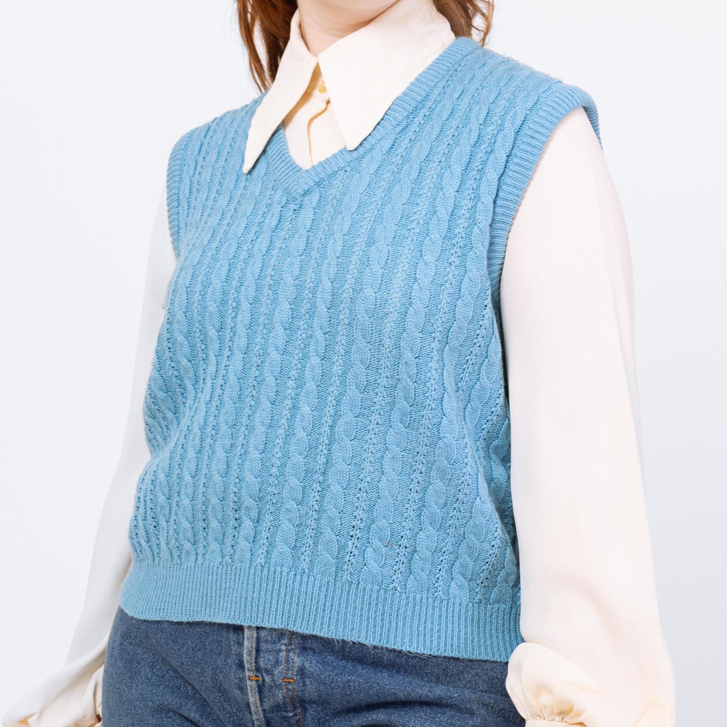 Vintage 80s Baby Blue Cable Knit Sweater Vest - Large | Preppy Sleeveless V Neck Top