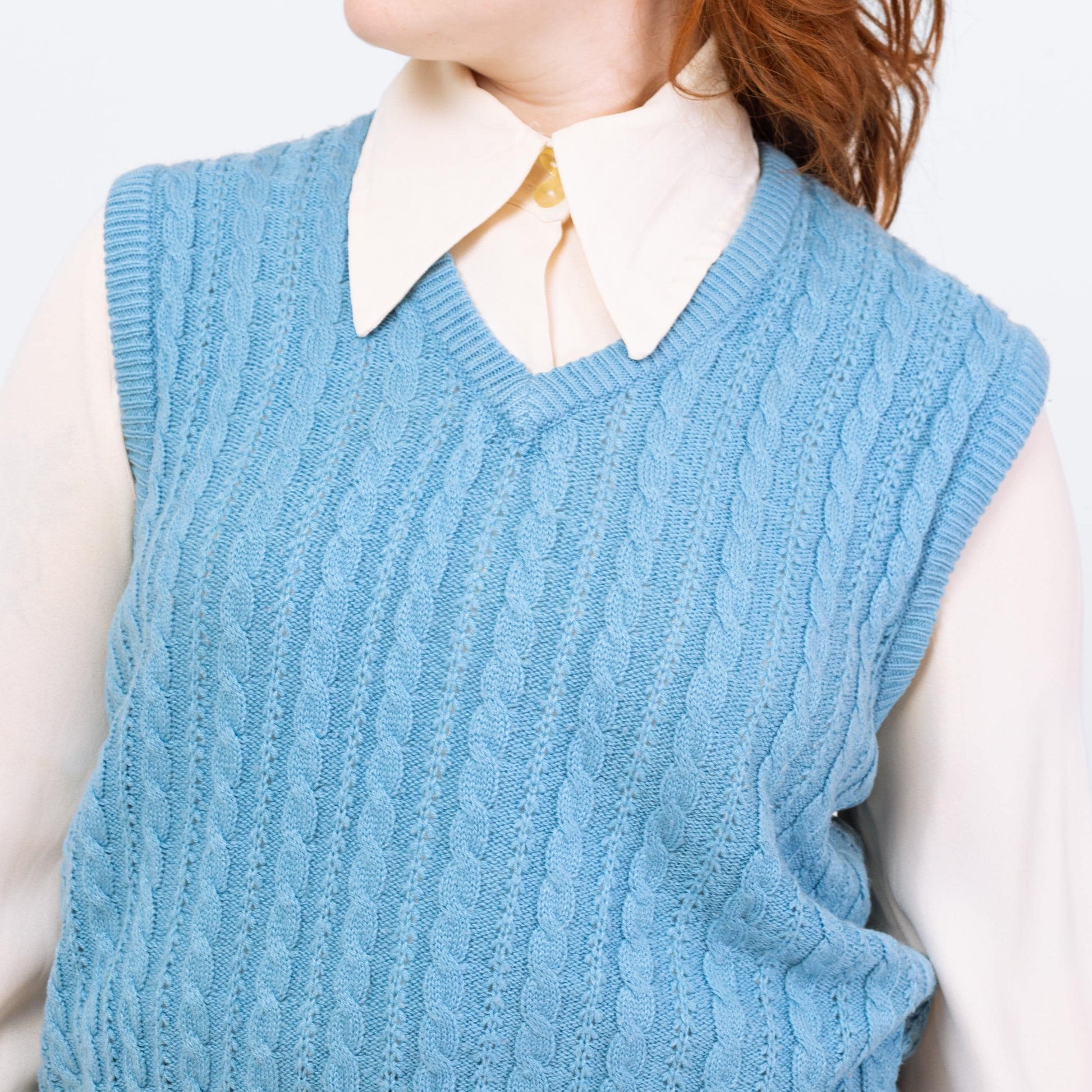 Vintage 80s Baby Blue Cable Knit Sweater Vest - Large | Preppy Sleeveless V Neck Top