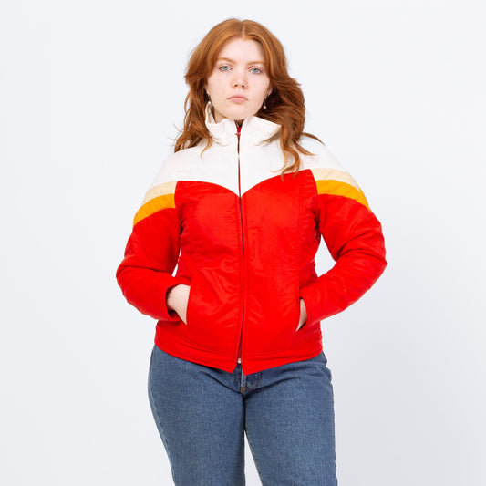 Vintage 70s Red Color Block Puffer Ski Jacket - Medium | Retro Chevron Stripe Zip Up Winter Coat
