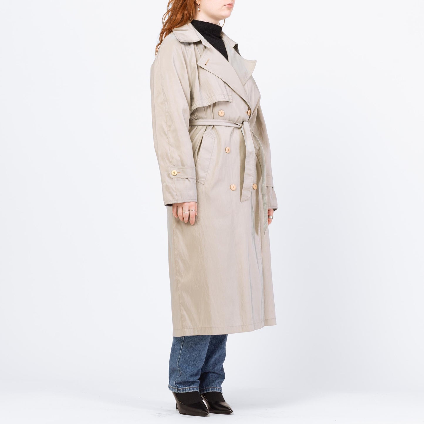 Vintage 80s Iridescent Taupe Gingham Trim Trench Coat - Medium | Forecaster Of Boston Double Breasted Belted Long Rain Jacket