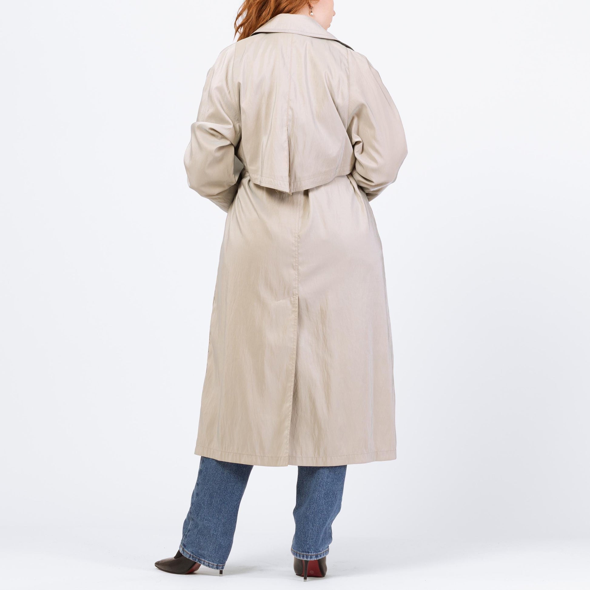 Vintage 80s Iridescent Taupe Gingham Trim Trench Coat - Medium | Forecaster Of Boston Double Breasted Belted Long Rain Jacket