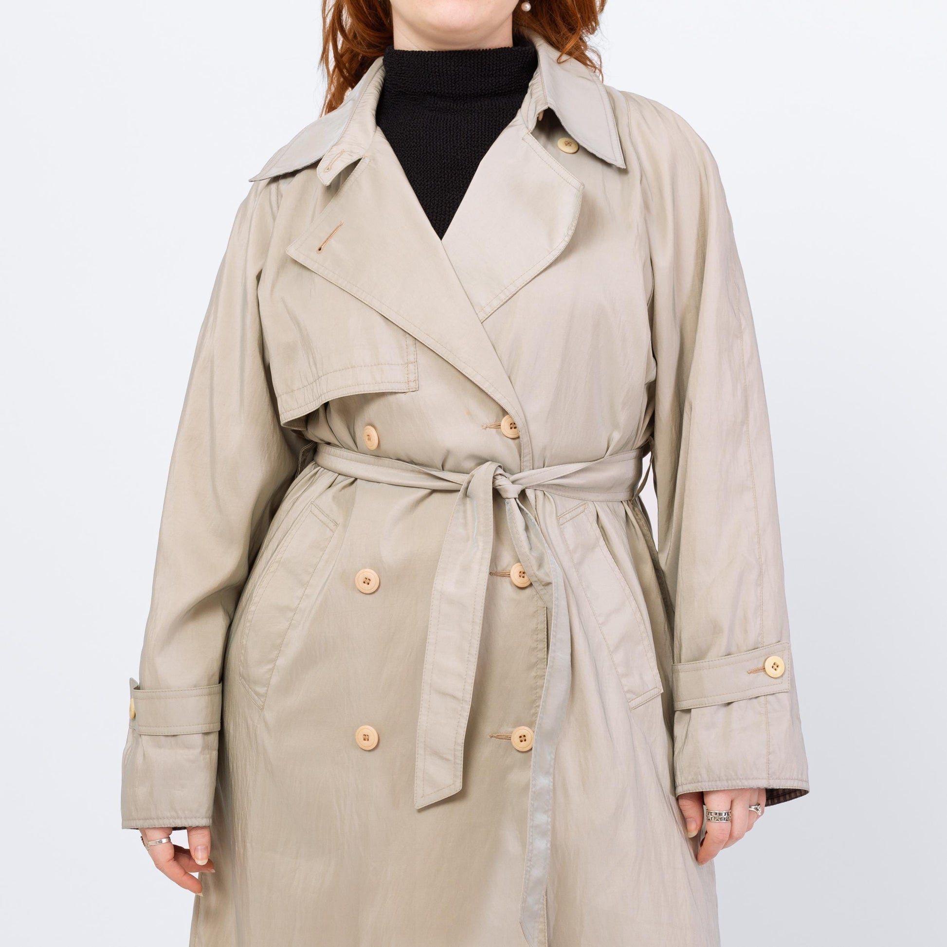 Vintage 80s Iridescent Taupe Gingham Trim Trench Coat - Medium | Forecaster Of Boston Double Breasted Belted Long Rain Jacket