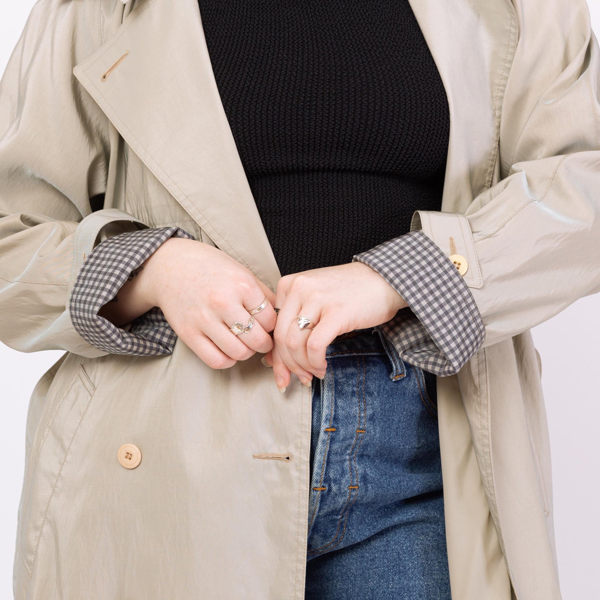 Vintage 80s Iridescent Taupe Gingham Trim Trench Coat - Medium | Forecaster Of Boston Double Breasted Belted Long Rain Jacket