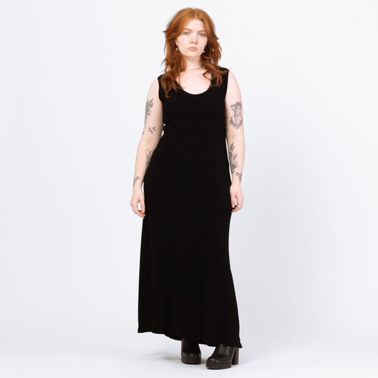 Vintage 90s Slinky Black Maxi Tank Dress - Medium to Large | Sleeveless Stretchy Minimalist Grunge Dress