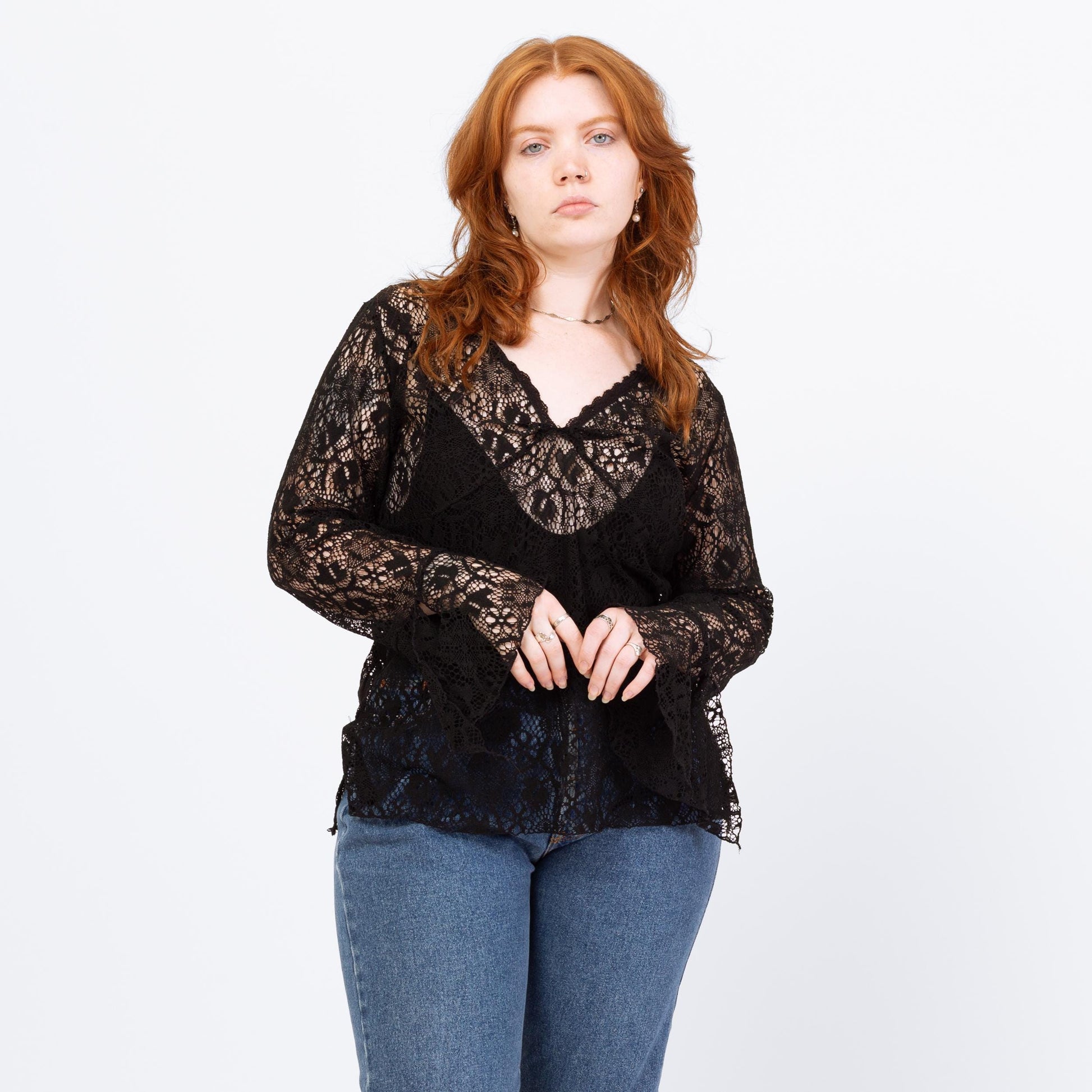 Vintage 90s Black Lace Angel Sleeve Top - Extra Large | Boho Whimsigoth Sheer Long Sleeve Blouse