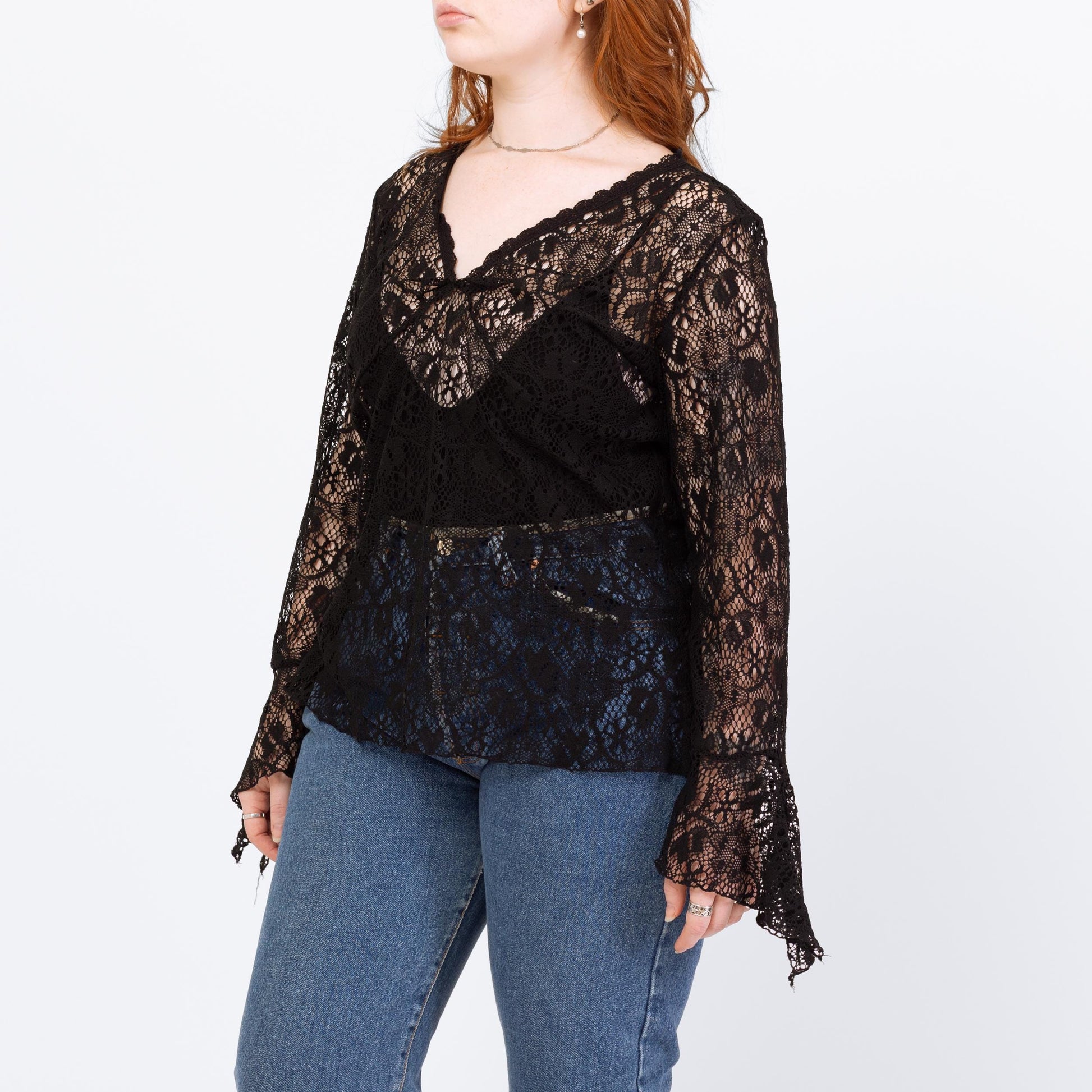 Vintage 90s Black Lace Angel Sleeve Top - Extra Large | Boho Whimsigoth Sheer Long Sleeve Blouse