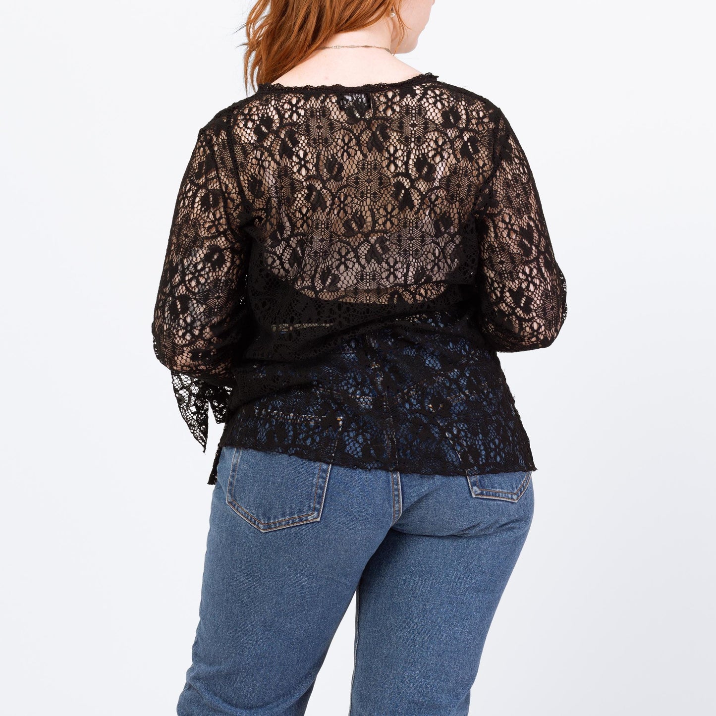 Vintage 90s Black Lace Angel Sleeve Top - Extra Large | Boho Whimsigoth Sheer Long Sleeve Blouse