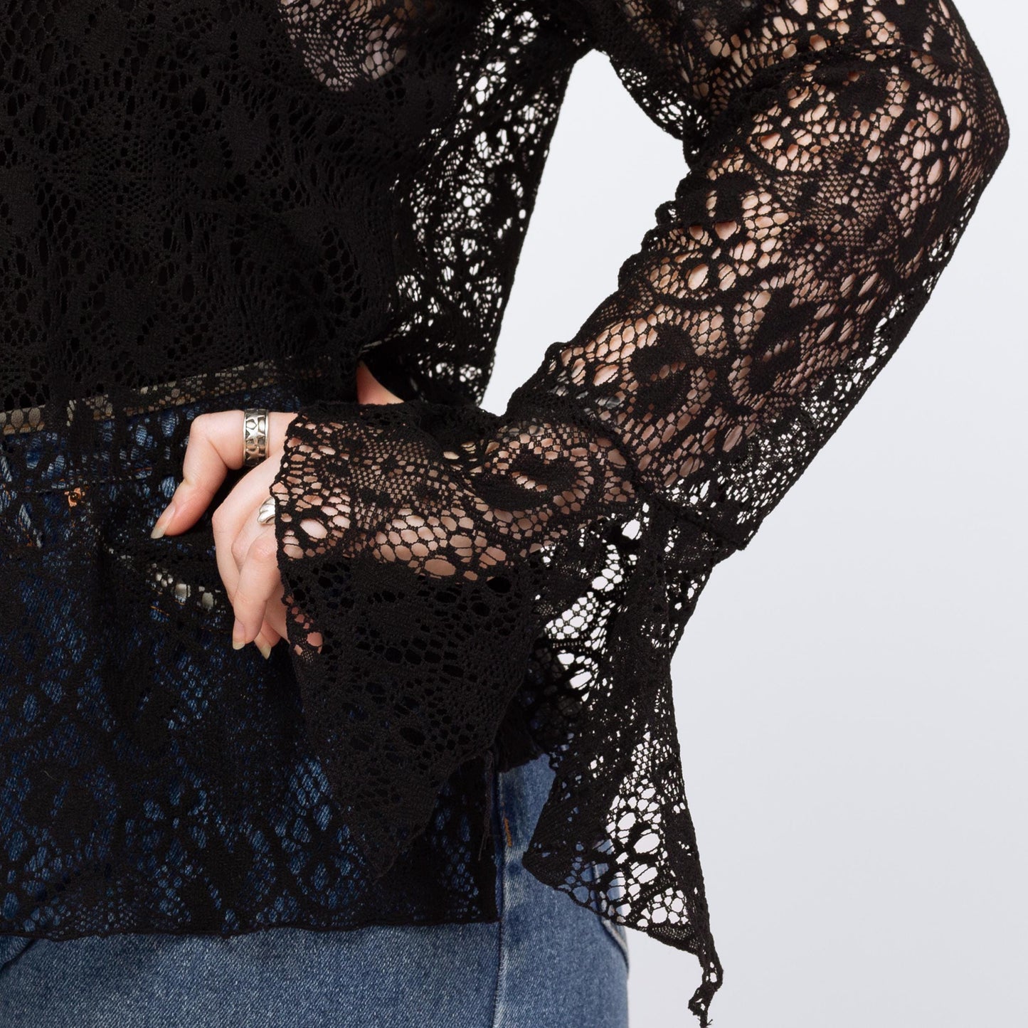 Vintage 90s Black Lace Angel Sleeve Top - Extra Large | Boho Whimsigoth Sheer Long Sleeve Blouse