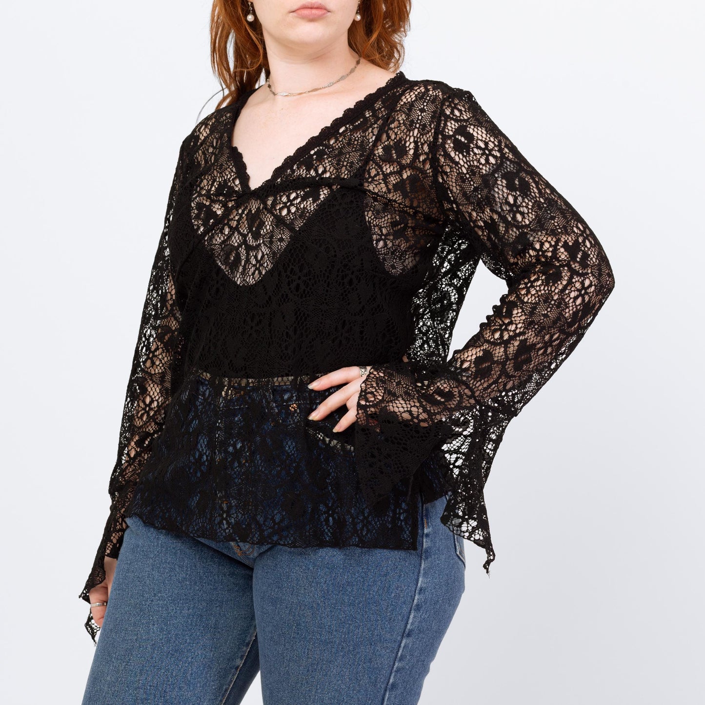 Vintage 90s Black Lace Angel Sleeve Top - Extra Large | Boho Whimsigoth Sheer Long Sleeve Blouse