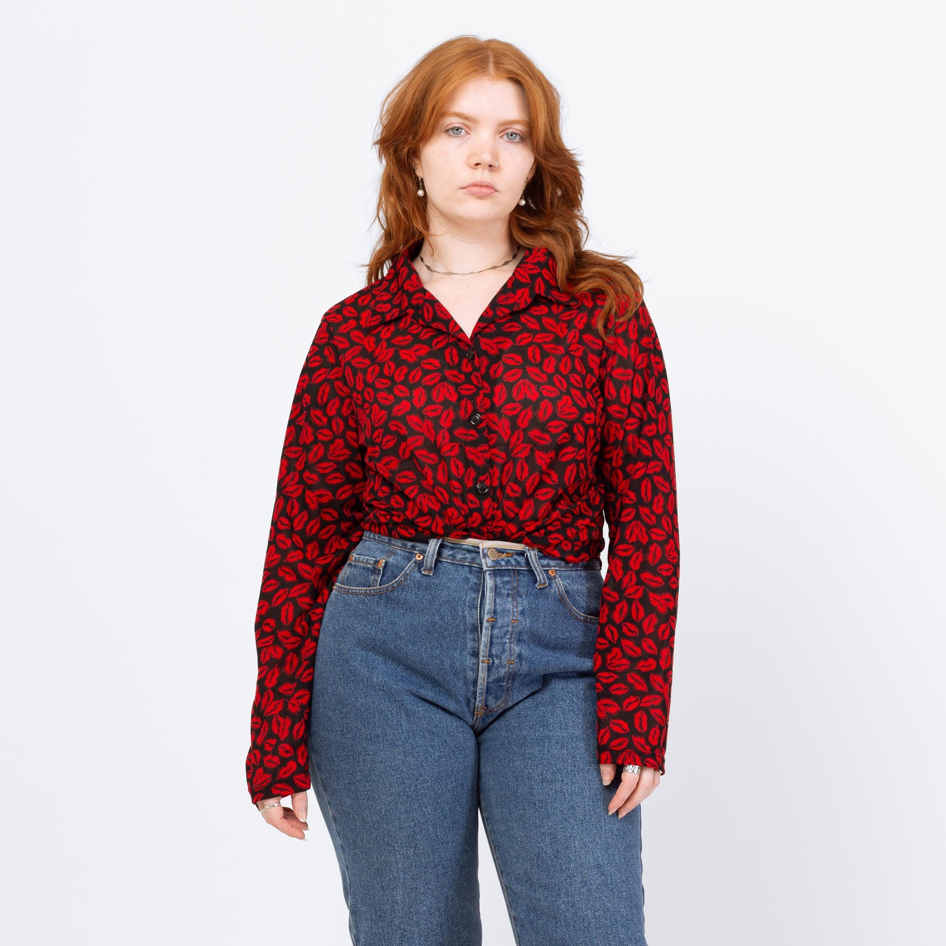 Vintage Y2K Red Lip Print Button Up Shirt - Large | Kiss Graphic Long Sleeve Top