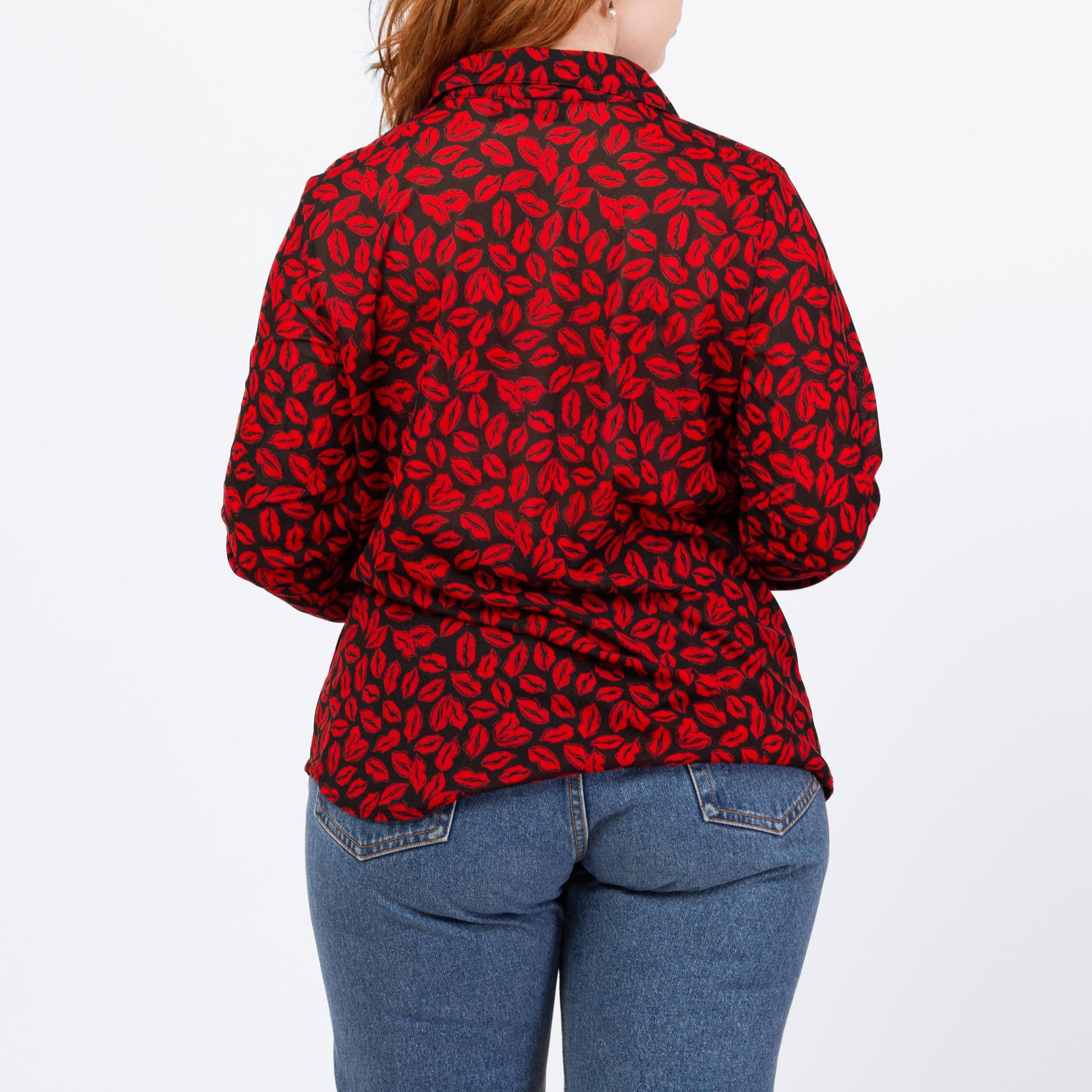 Vintage Y2K Red Lip Print Button Up Shirt - Large | Kiss Graphic Long Sleeve Top