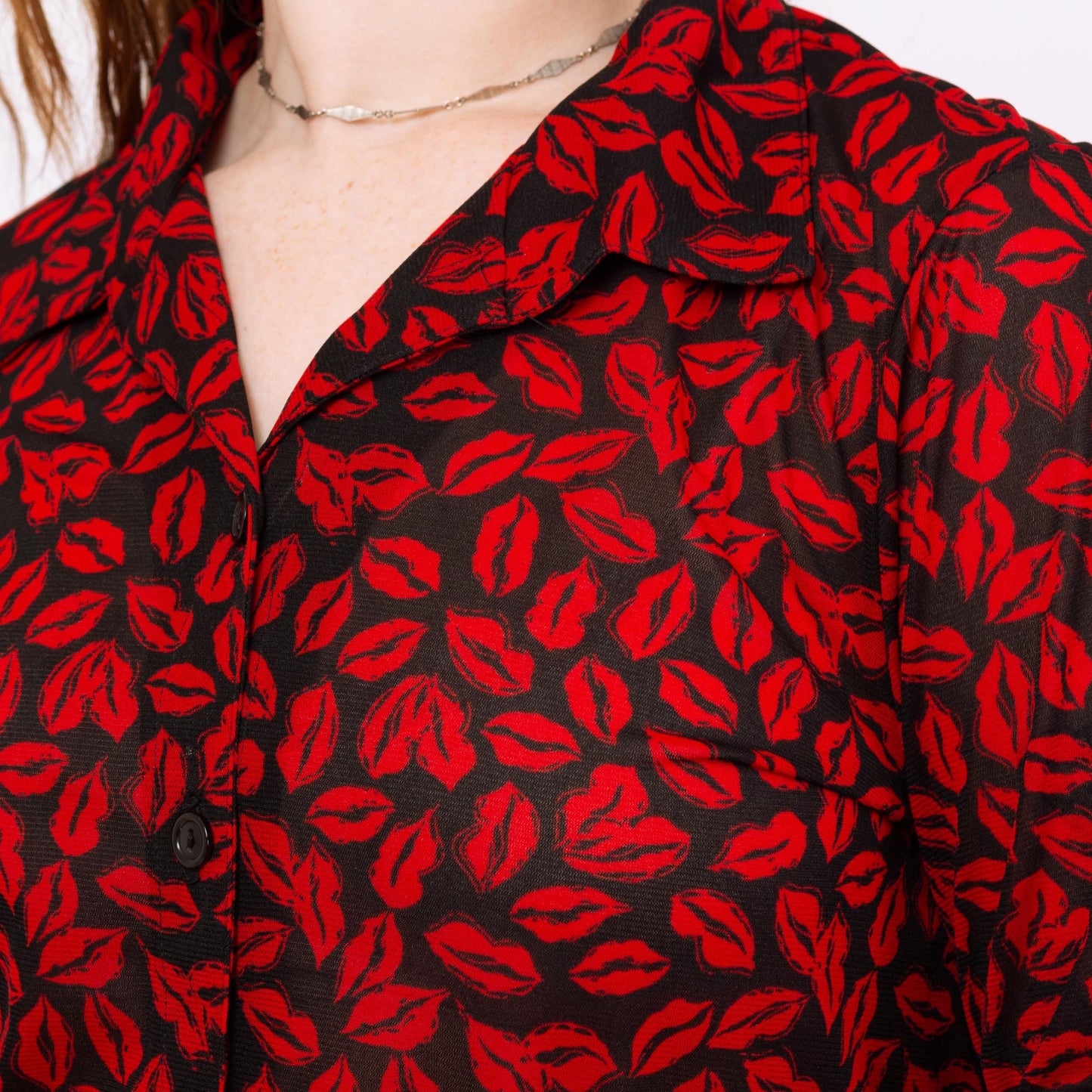Vintage Y2K Red Lip Print Button Up Shirt - Large | Kiss Graphic Long Sleeve Top