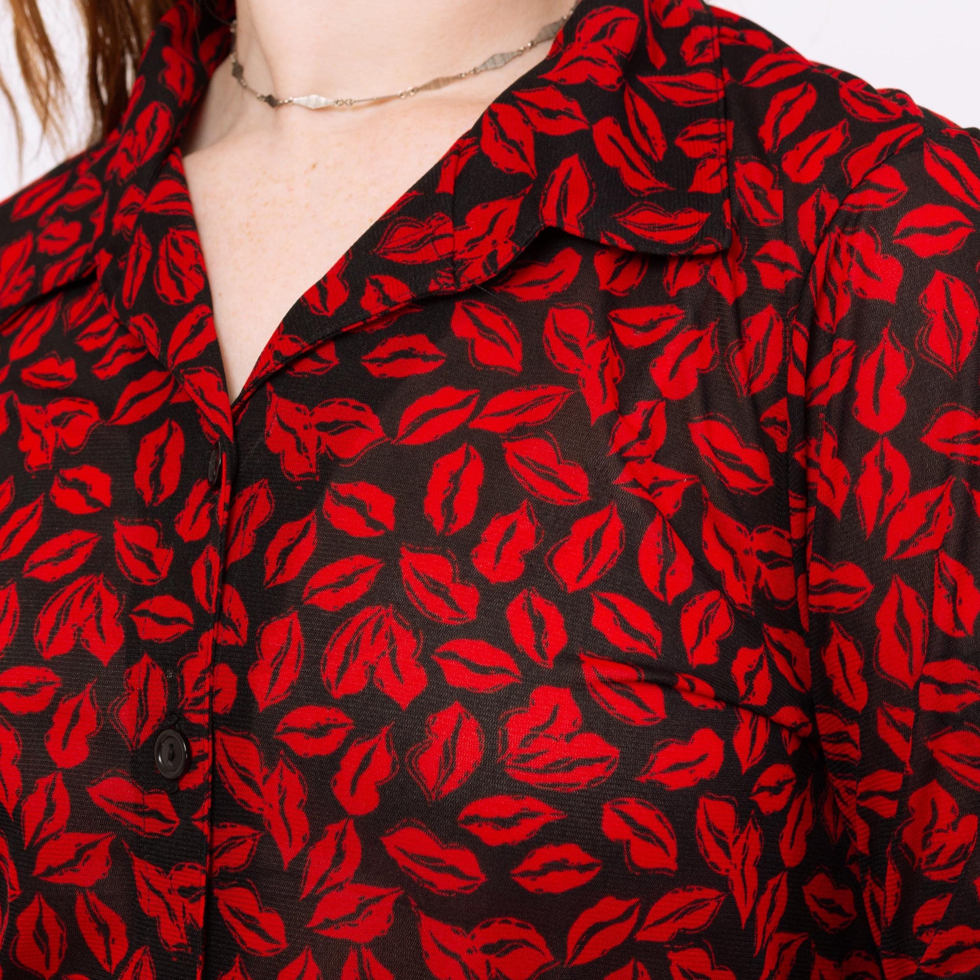 Vintage Y2K Red Lip Print Button Up Shirt - Large | Kiss Graphic Long Sleeve Top